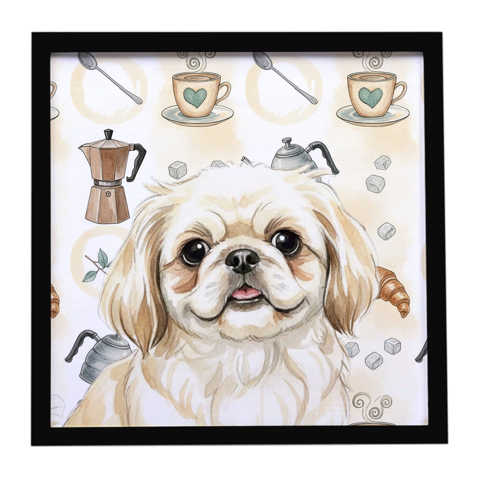 Cream Pekingese Coffee Bar Framed Metal Print Bathroom, Kitchen, Office, Home Decor Wall Art Ready to Hang, Square, 8X8