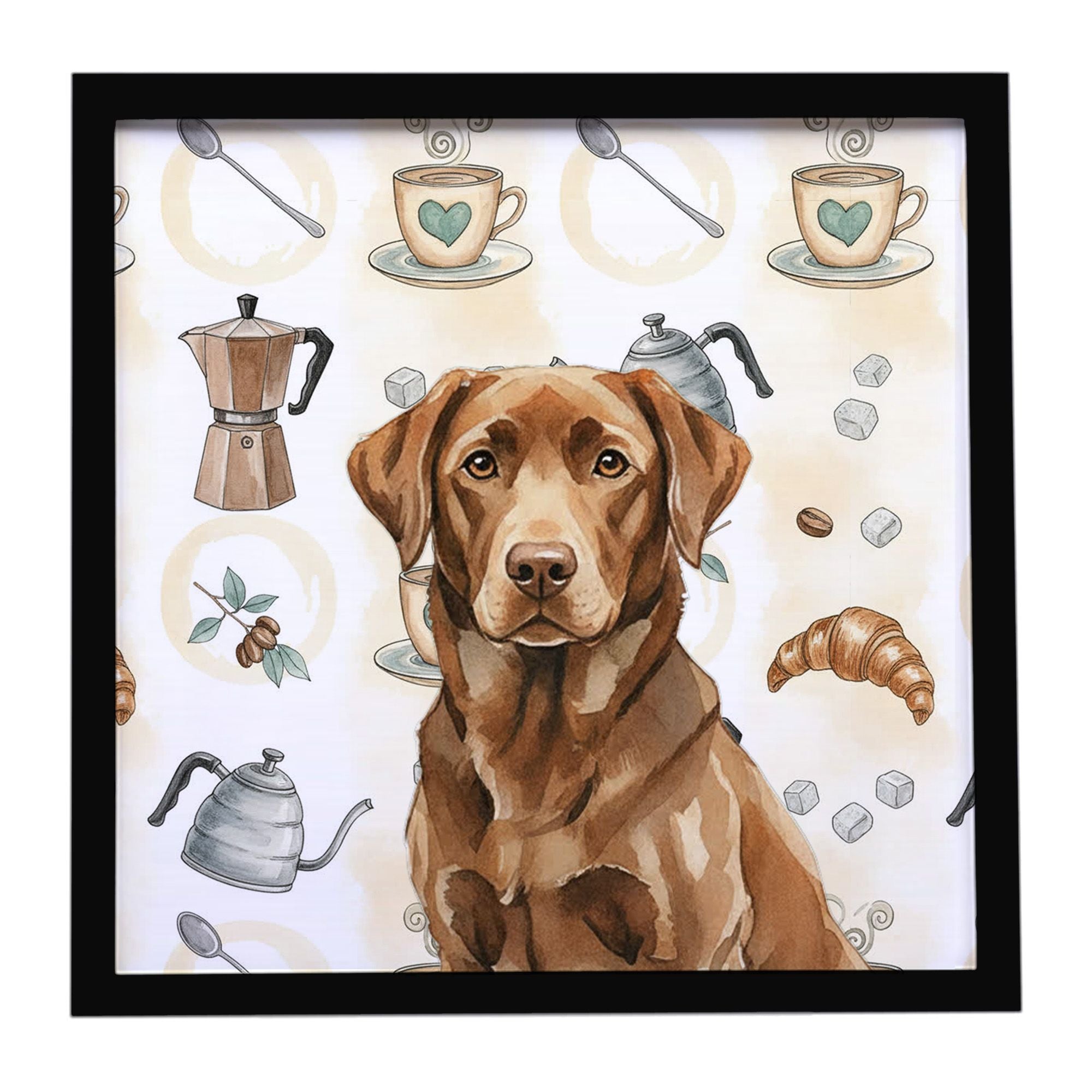 Chocolate Labrador Retriever Coffee Bar Framed Metal Print Bathroom, Kitchen, Office, Home Decor Wall Art Ready to Hang, Square,