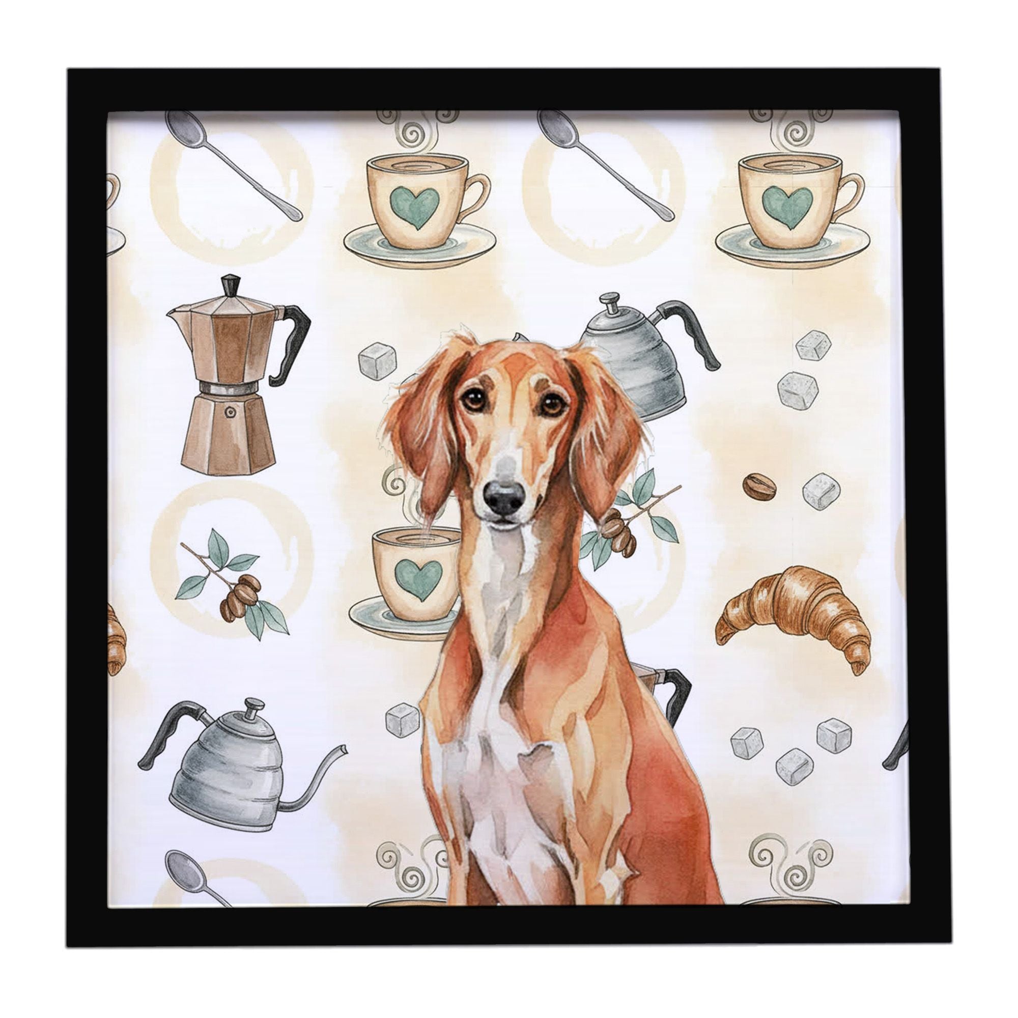 Red Saluki Coffee Bar Framed Metal Print Bathroom, Kitchen, Office, Home Decor Wall Art Ready to Hang, Square, 8X8