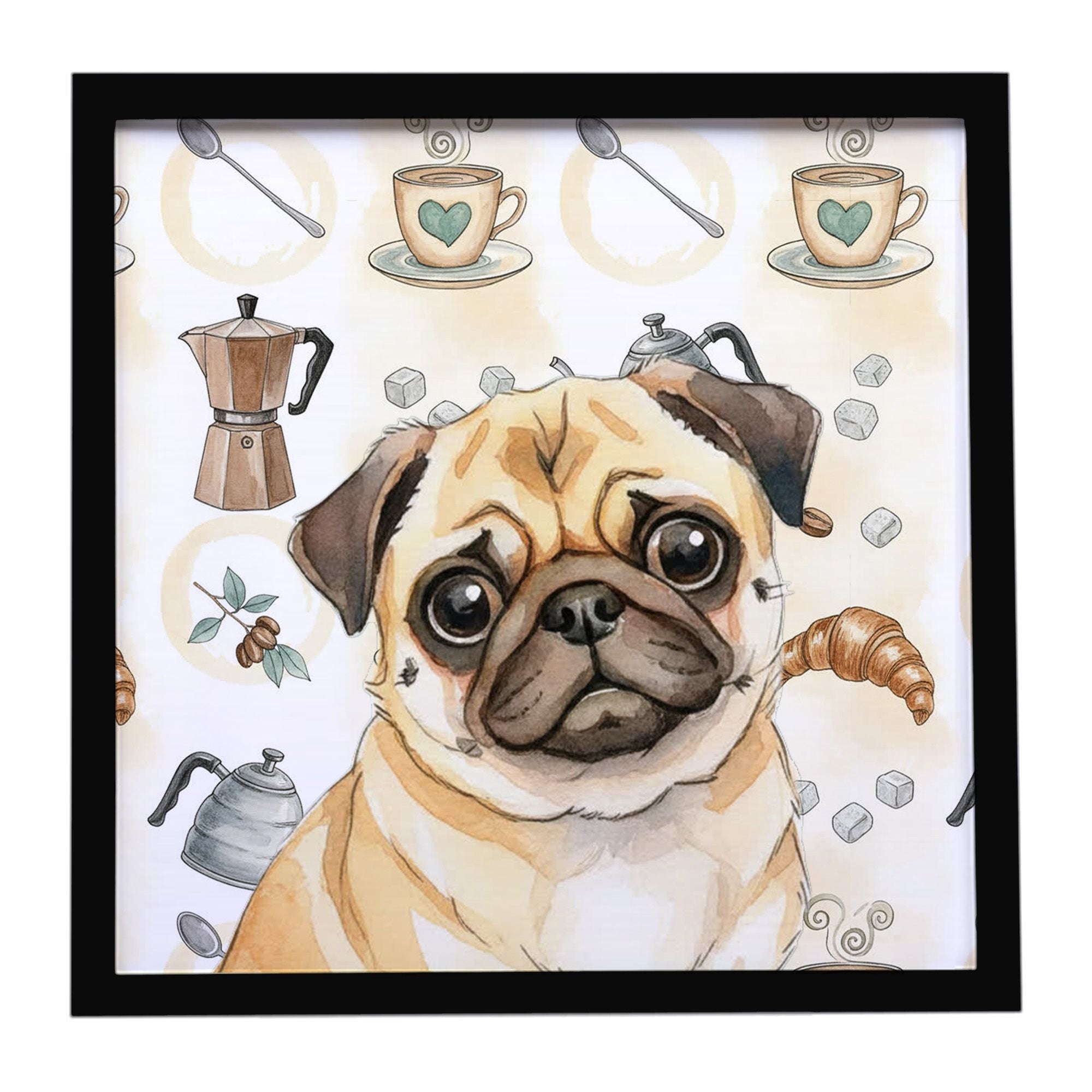 Fawn Pug Coffee Bar Framed Metal Print Bathroom, Kitchen, Office, Home Decor Wall Art Ready to Hang, Square, 8X8