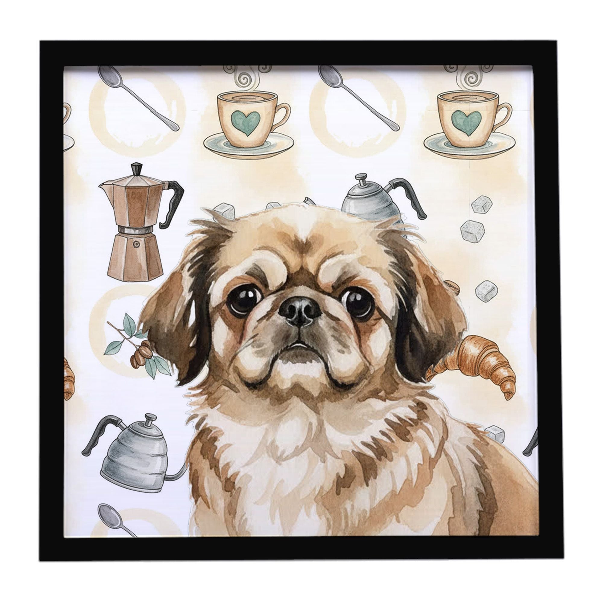 Sable Pekingese Coffee Bar Framed Metal Print Bathroom, Kitchen, Office, Home Decor Wall Art Ready to Hang, Square, 8X8