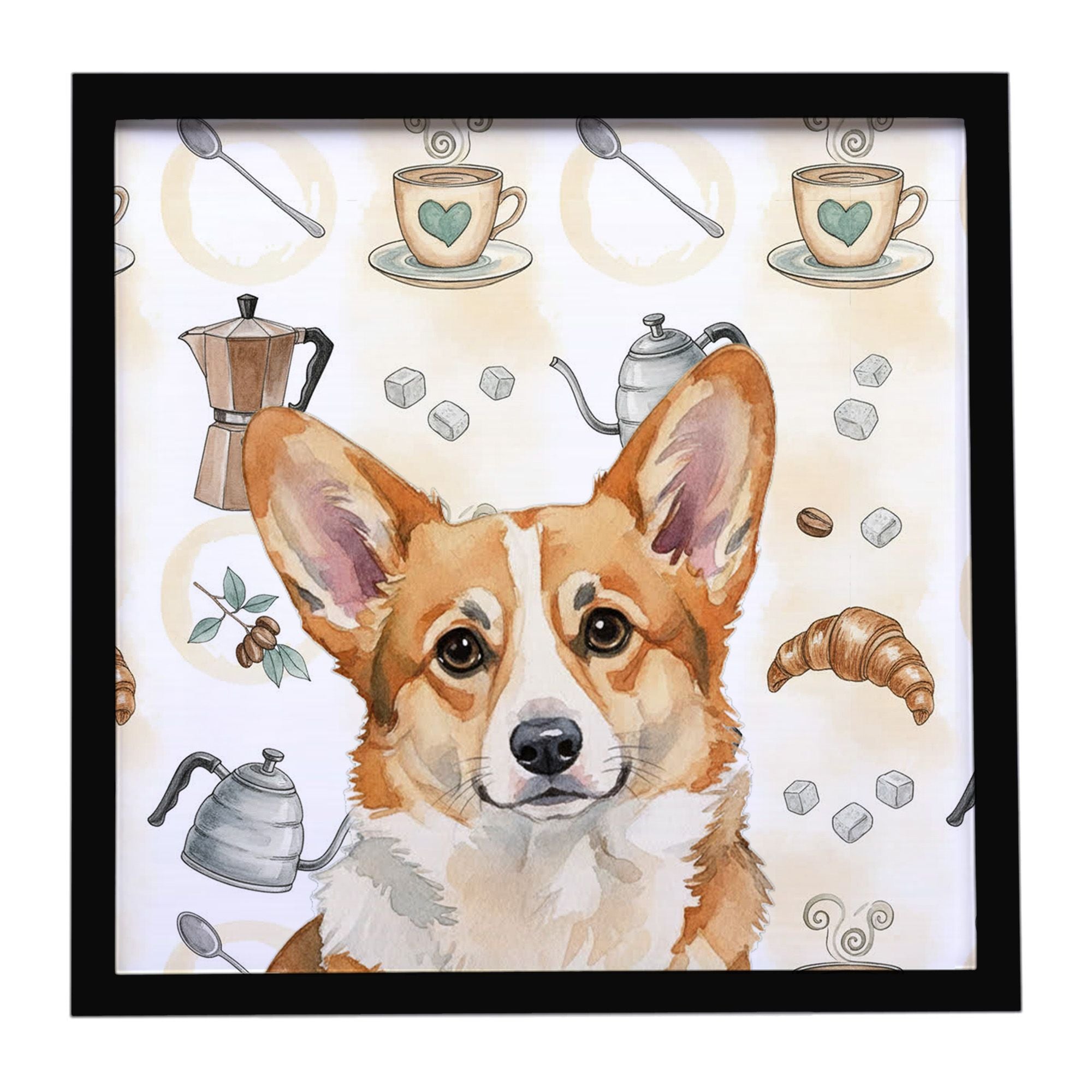 Corgi Coffee Bar Framed Metal Print Bathroom, Kitchen, Office, Home Decor Wall Art Ready to Hang, Square, 8X8
