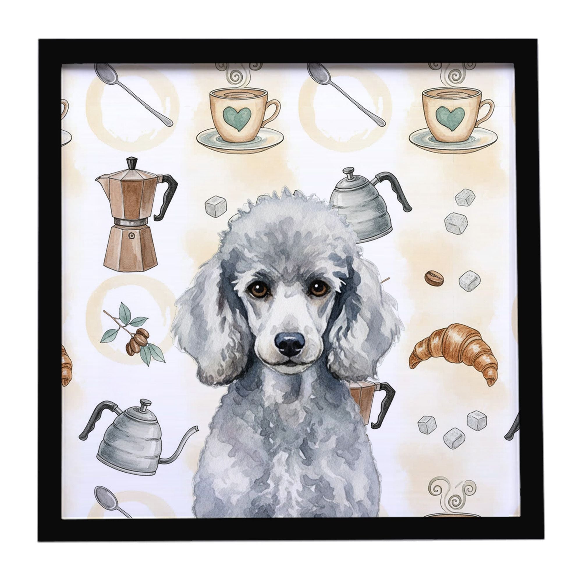 Standard Silver Poodle Coffee Bar Framed Metal Print Bathroom, Kitchen, Office, Home Decor Wall Art Ready to Hang, Square, 8X8