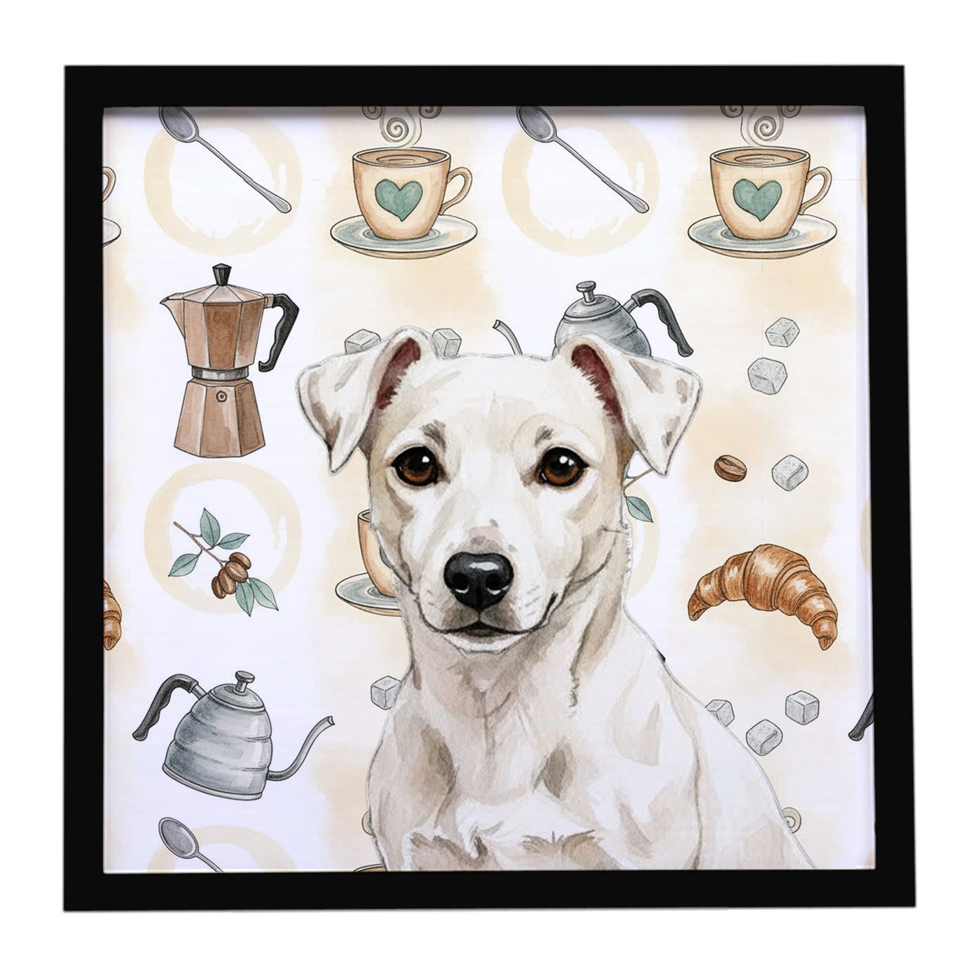 White Jack Russell Terrier Coffee Bar Framed Metal Print Bathroom, Kitchen, Office, Home Decor Wall Art Ready to Hang, Square, 8