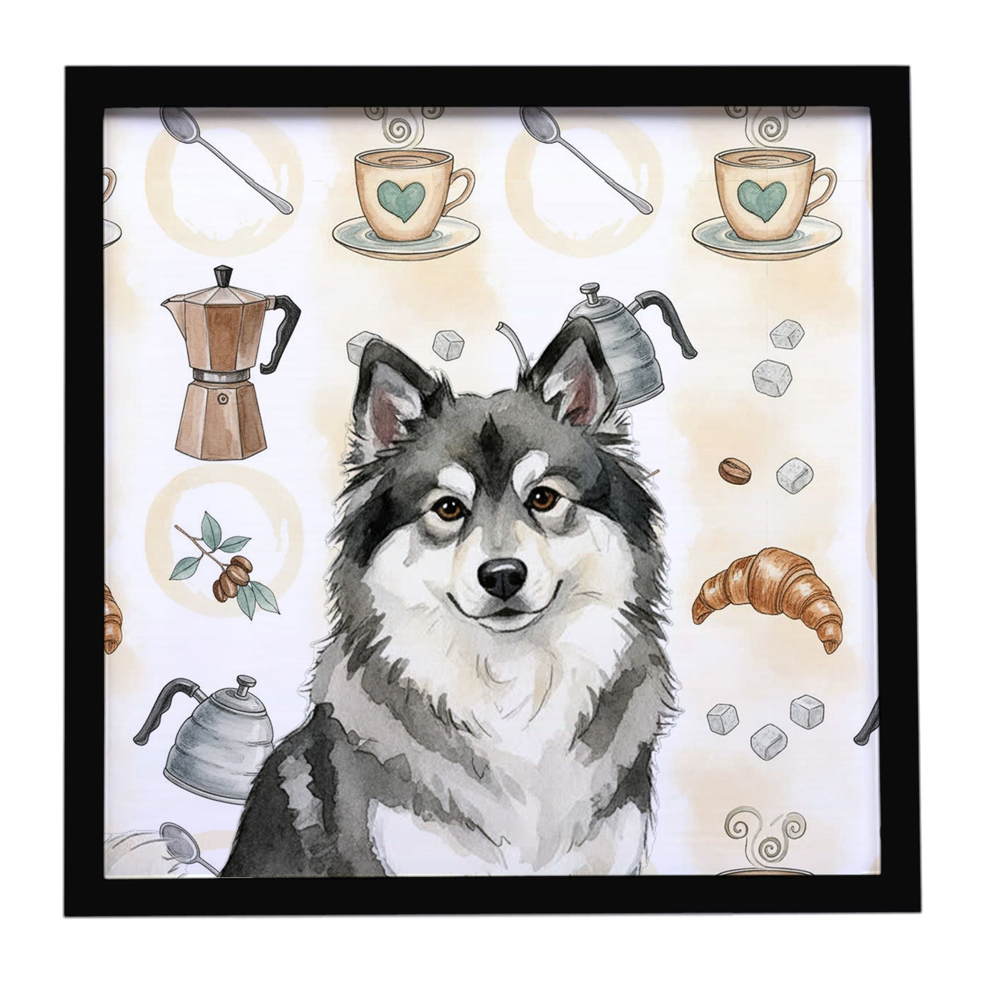 Keeshond Coffee Bar Framed Metal Print Bathroom, Kitchen, Office, Home Decor Wall Art Ready to Hang, Square, 8X8