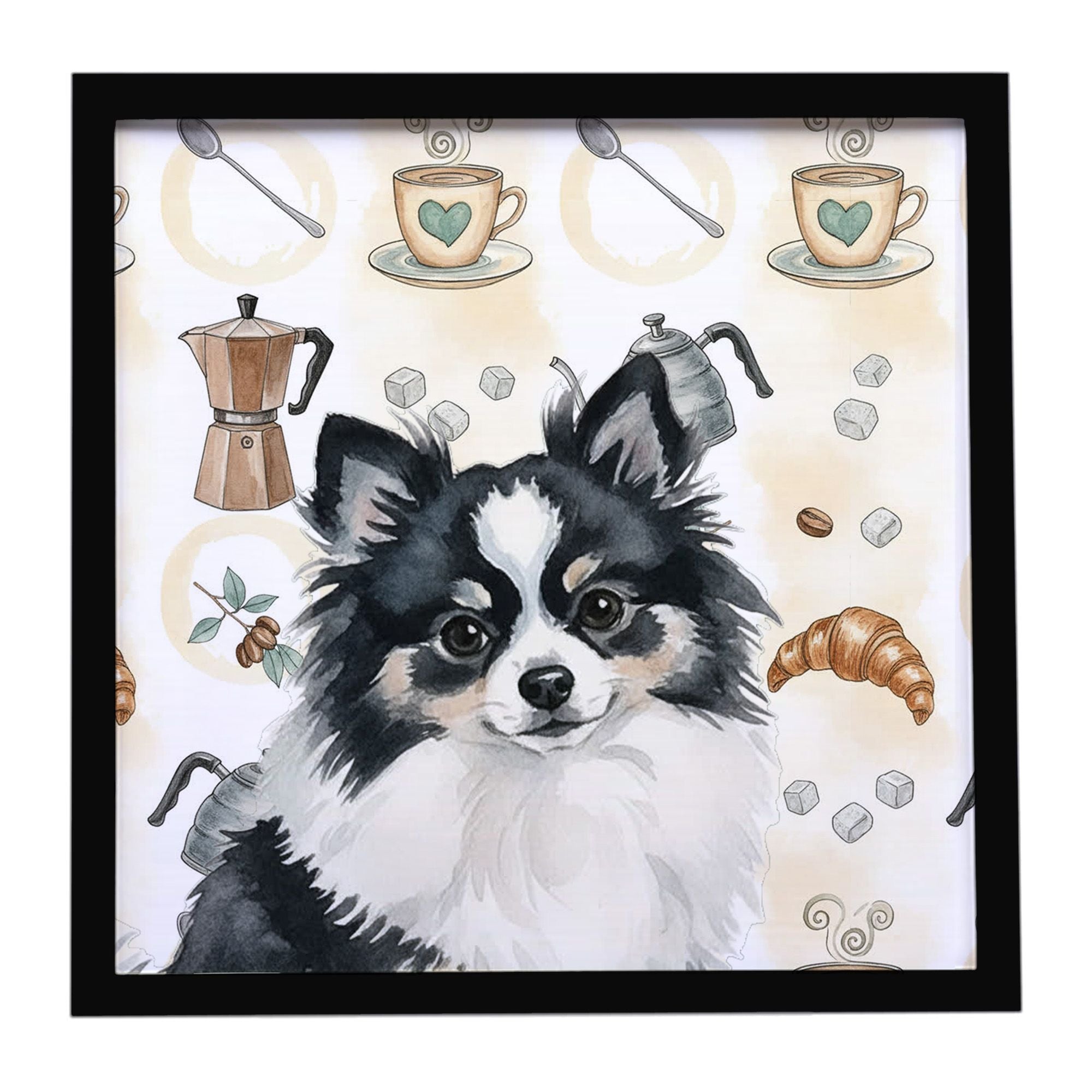 Black and White Pomeranian Coffee Bar Framed Metal Print Bathroom, Kitchen, Office, Home Decor Wall Art Ready to Hang, Square, 8