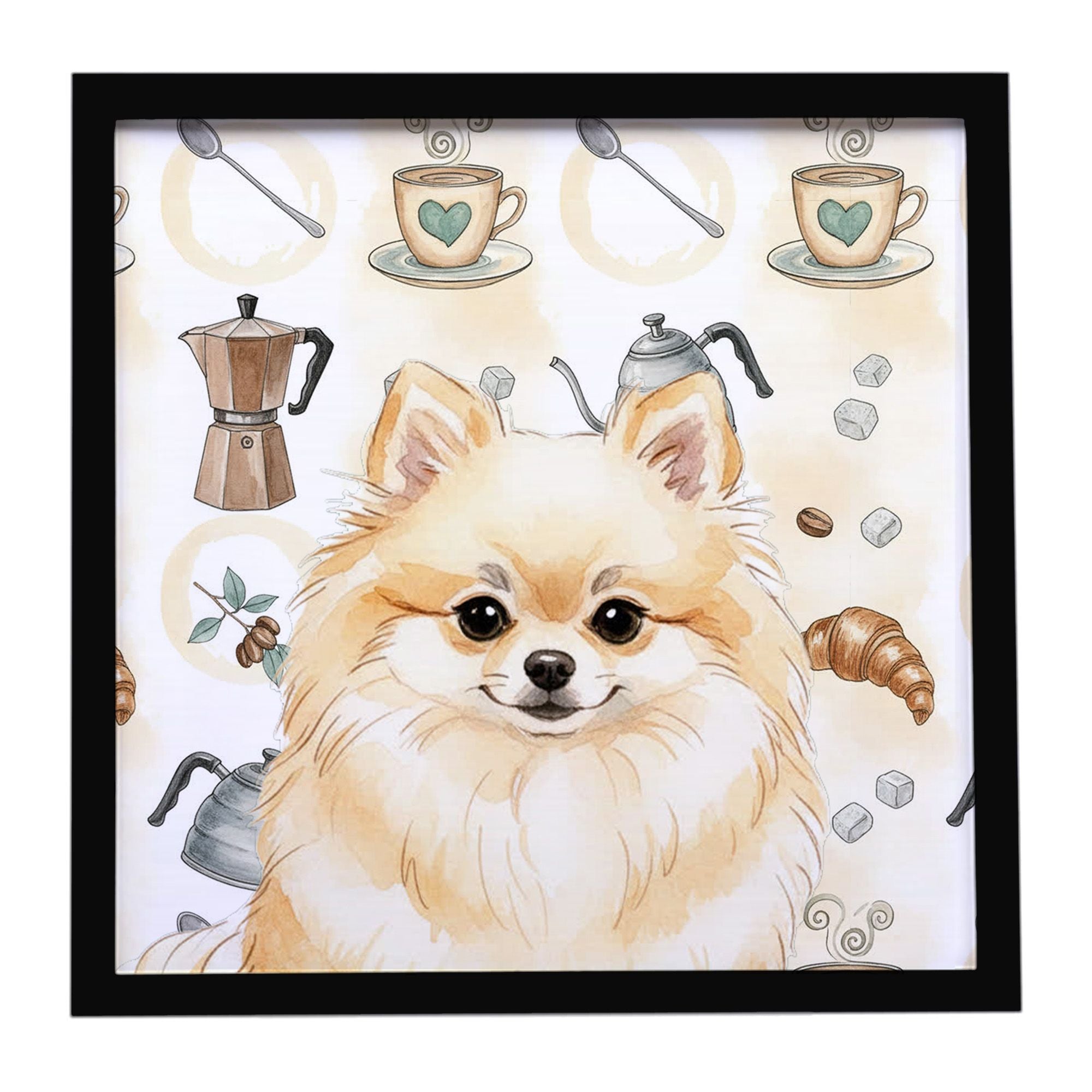 Cream Pomeranian Coffee Bar Framed Metal Print Bathroom, Kitchen, Office, Home Decor Wall Art Ready to Hang, Square, 8X8