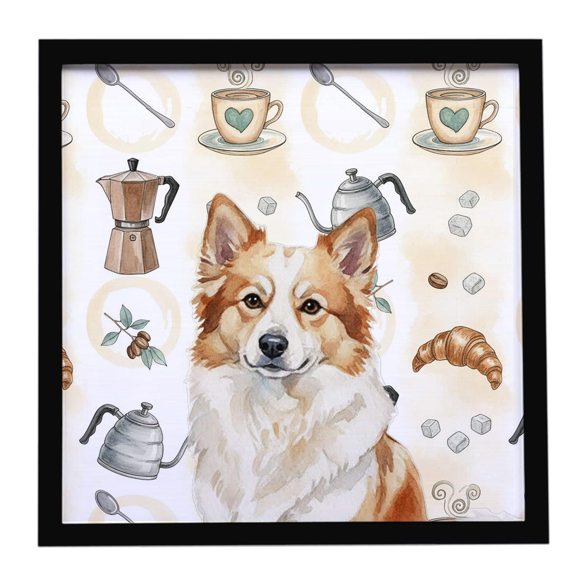 Tan Icelandic Sheepdog Coffee Bar Framed Metal Print Bathroom, Kitchen, Office, Home Decor Wall Art Ready to Hang, Square, 8X8