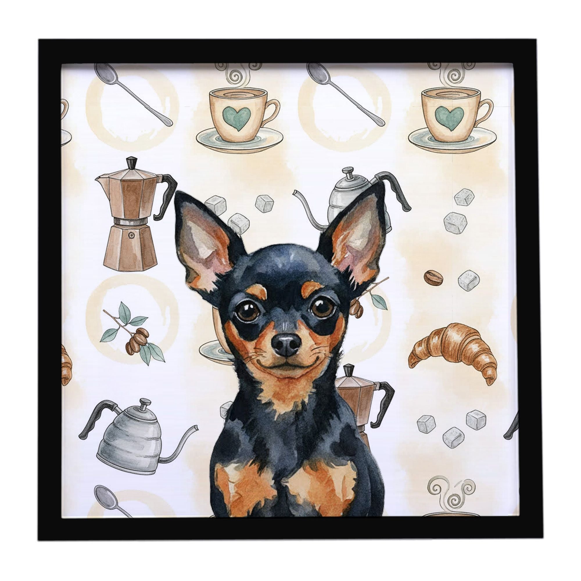 Black and Tan Russian Toy Coffee Bar Framed Metal Print Bathroom, Kitchen, Office, Home Decor Wall Art Ready to Hang, Square, 8X