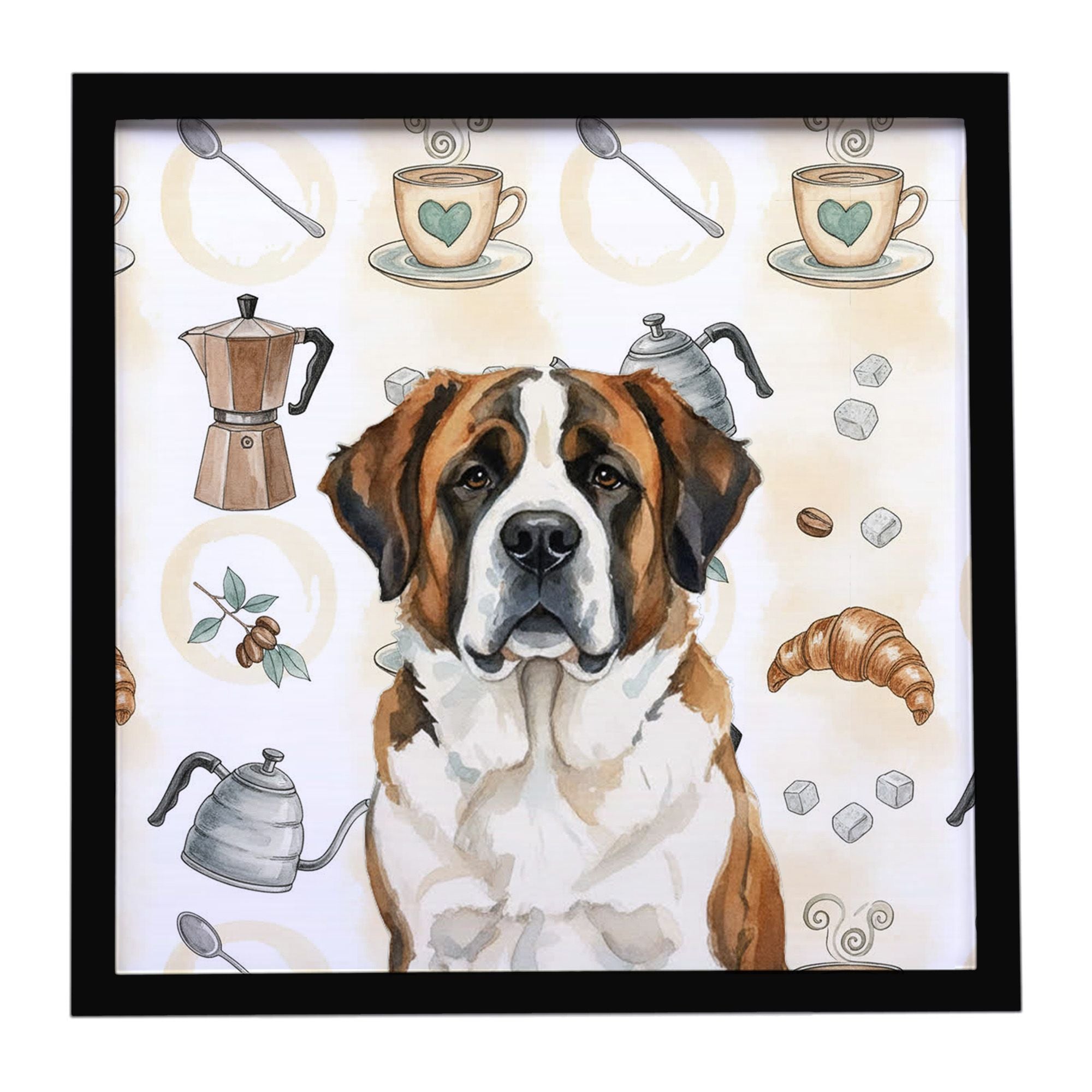 Brindle and White Saint Bernard Coffee Bar Framed Metal Print Bathroom, Kitchen, Office, Home Decor Wall Art Ready to Hang, Squa
