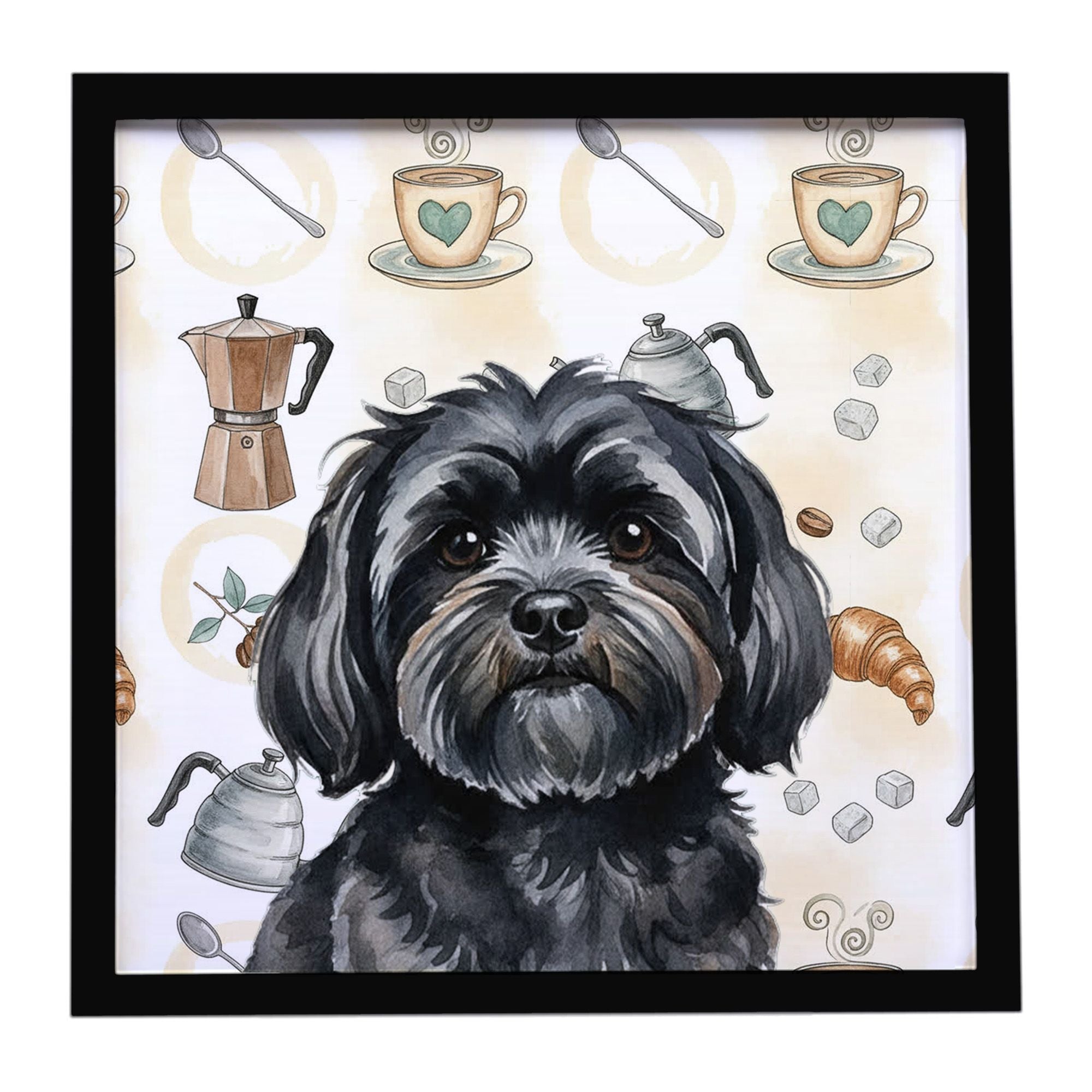 Black Lhasa Apso Coffee Bar Framed Metal Print Bathroom, Kitchen, Office, Home Decor Wall Art Ready to Hang, Square, 8X8