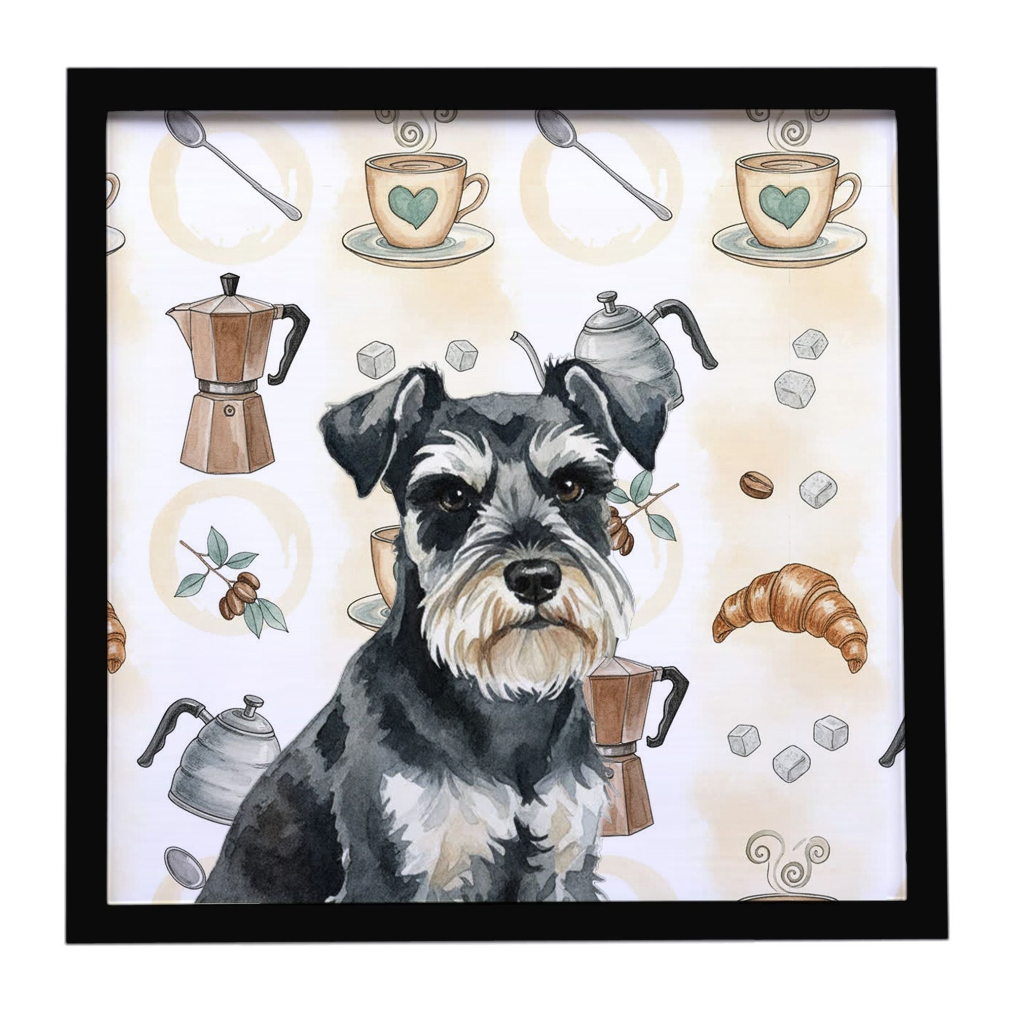 Black & Silver Miniature Schnauzer Coffee Bar Framed Metal Print Bathroom, Kitchen, Office, Home Decor Wall Art Ready to Hang, S