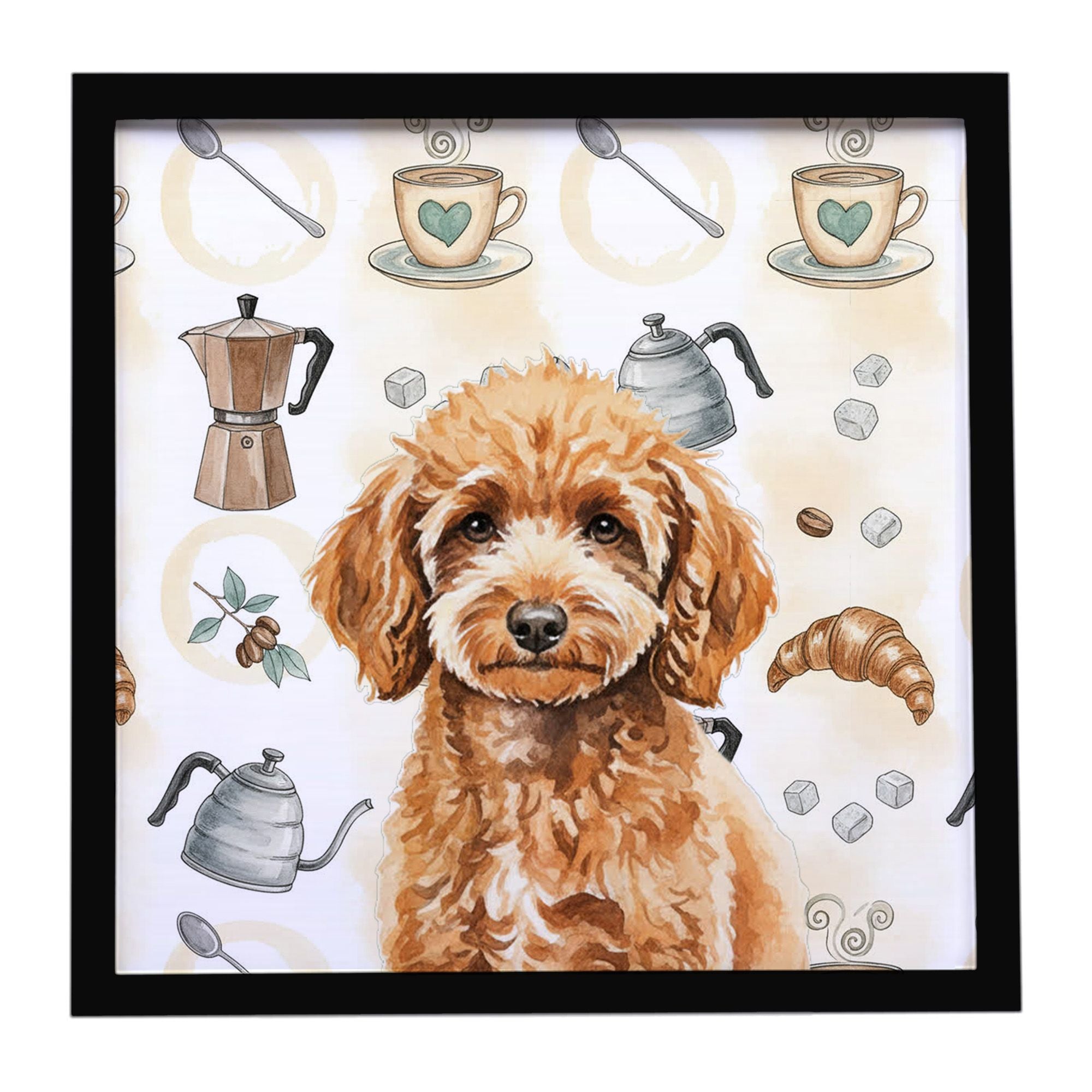 Miniature Apricot Poodle Coffee Bar Framed Metal Print Bathroom, Kitchen, Office, Home Decor Wall Art Ready to Hang, Square, 8X8