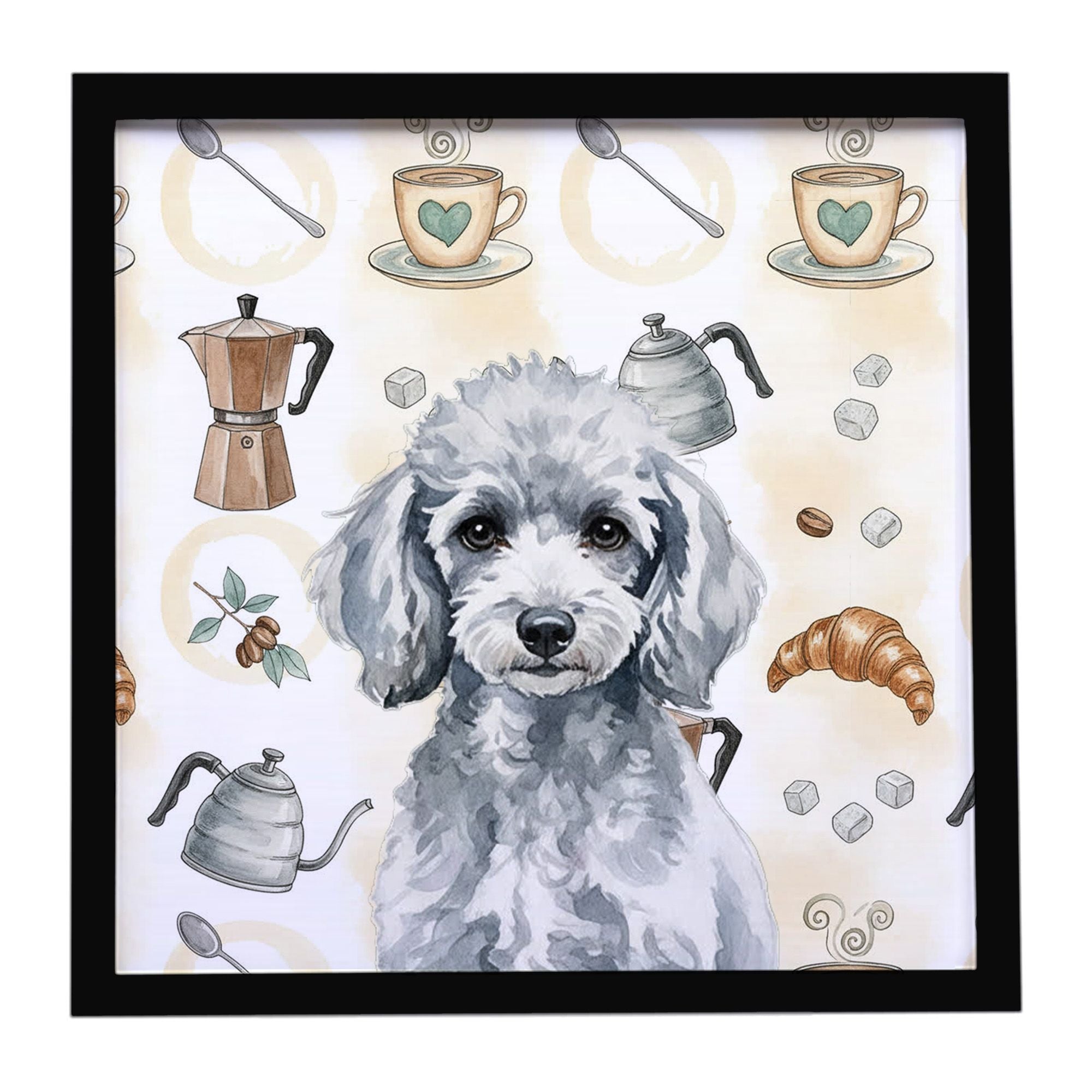 Miniature Silver Poodle Coffee Bar Framed Metal Print Bathroom, Kitchen, Office, Home Decor Wall Art Ready to Hang, Square, 8X8