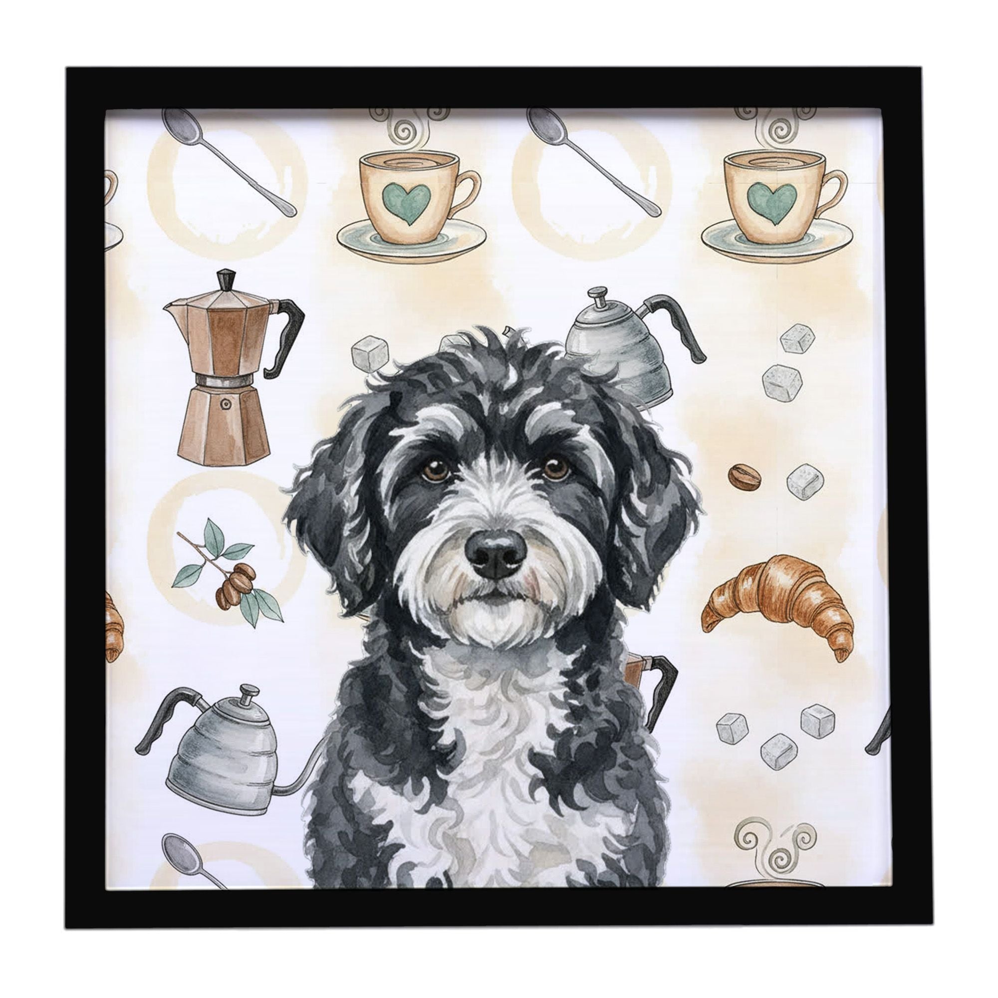 Portuguese Water Dog Coffee Bar Framed Metal Print Bathroom, Kitchen, Office, Home Decor Wall Art Ready to Hang, Square, 8X8
