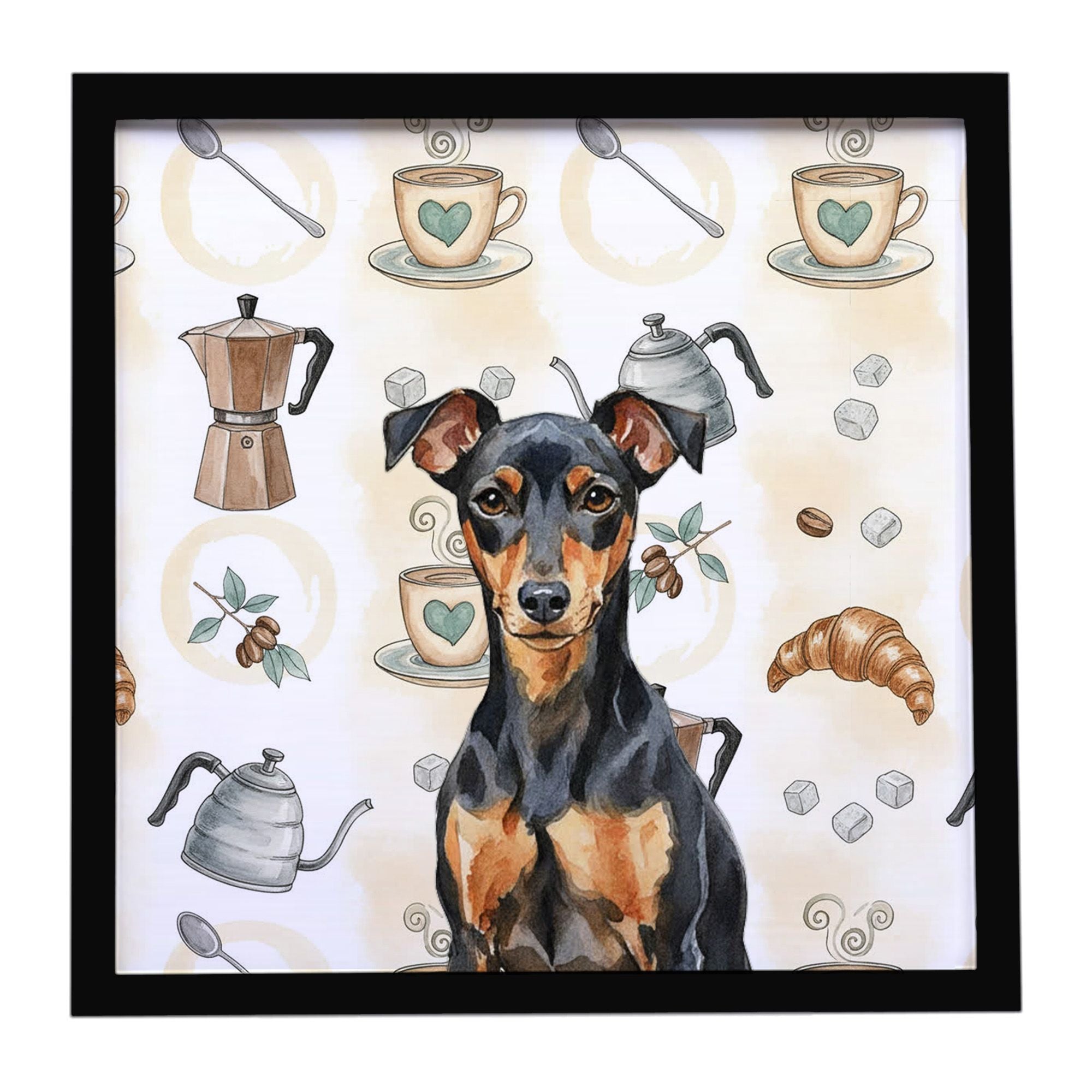 Manchester Terrier Coffee Bar Framed Metal Print Bathroom, Kitchen, Office, Home Decor Wall Art Ready to Hang, Square, 8X8