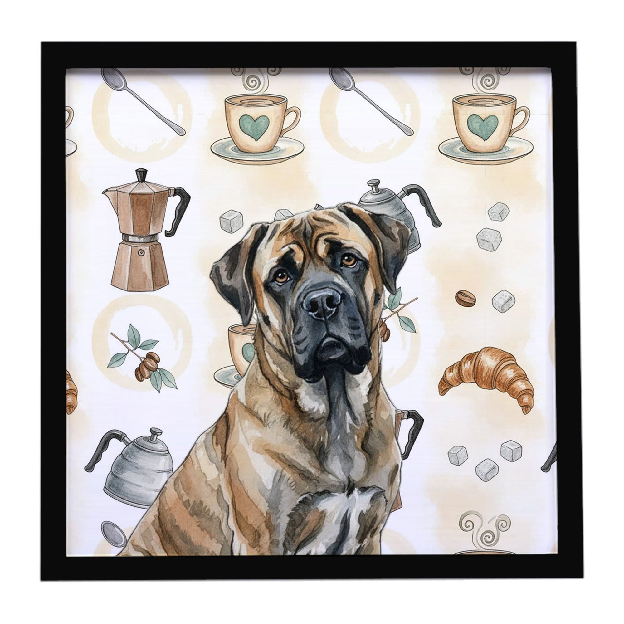 Brindle Mastiff Coffee Bar Framed Metal Print Bathroom, Kitchen, Office, Home Decor Wall Art Ready to Hang, Square, 8X8