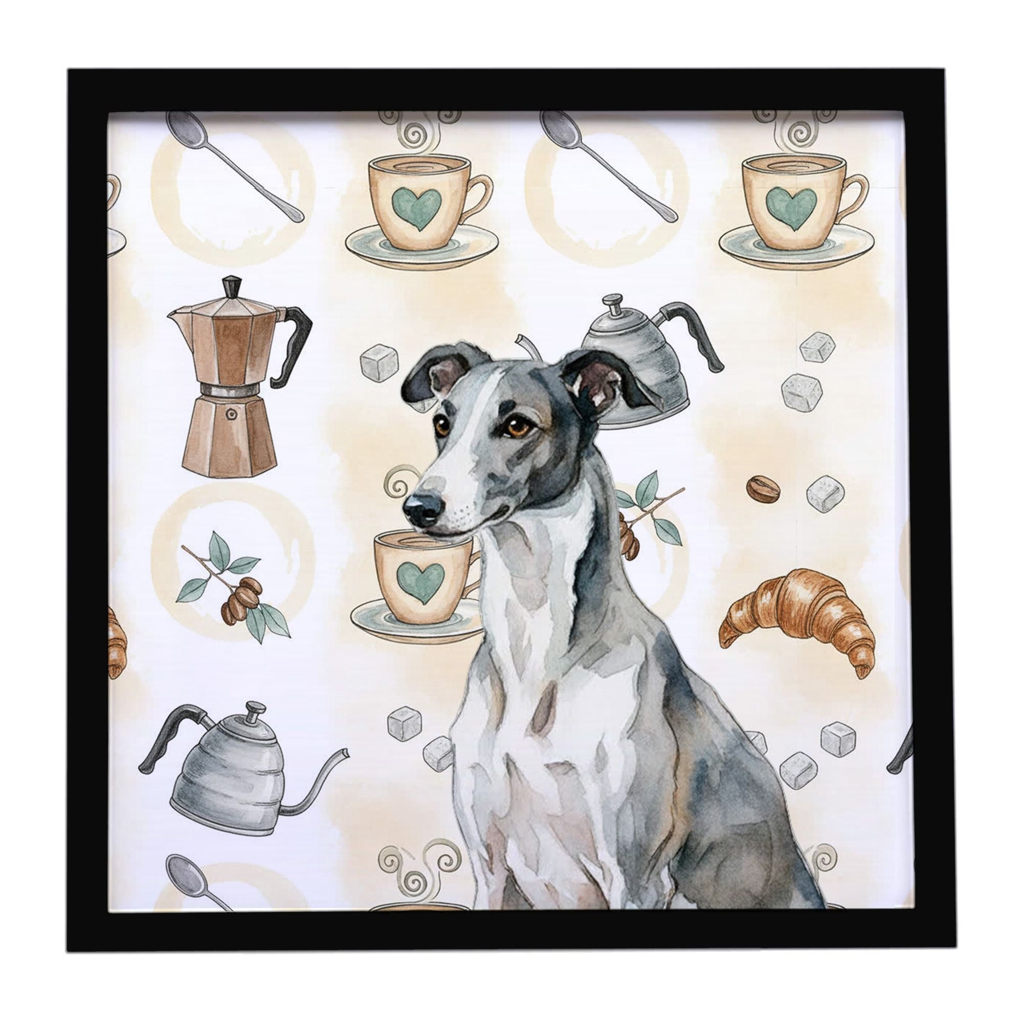 Black and White Greyhound Coffee Bar Framed Metal Print Bathroom, Kitchen, Office, Home Decor Wall Art Ready to Hang, Square, 8X