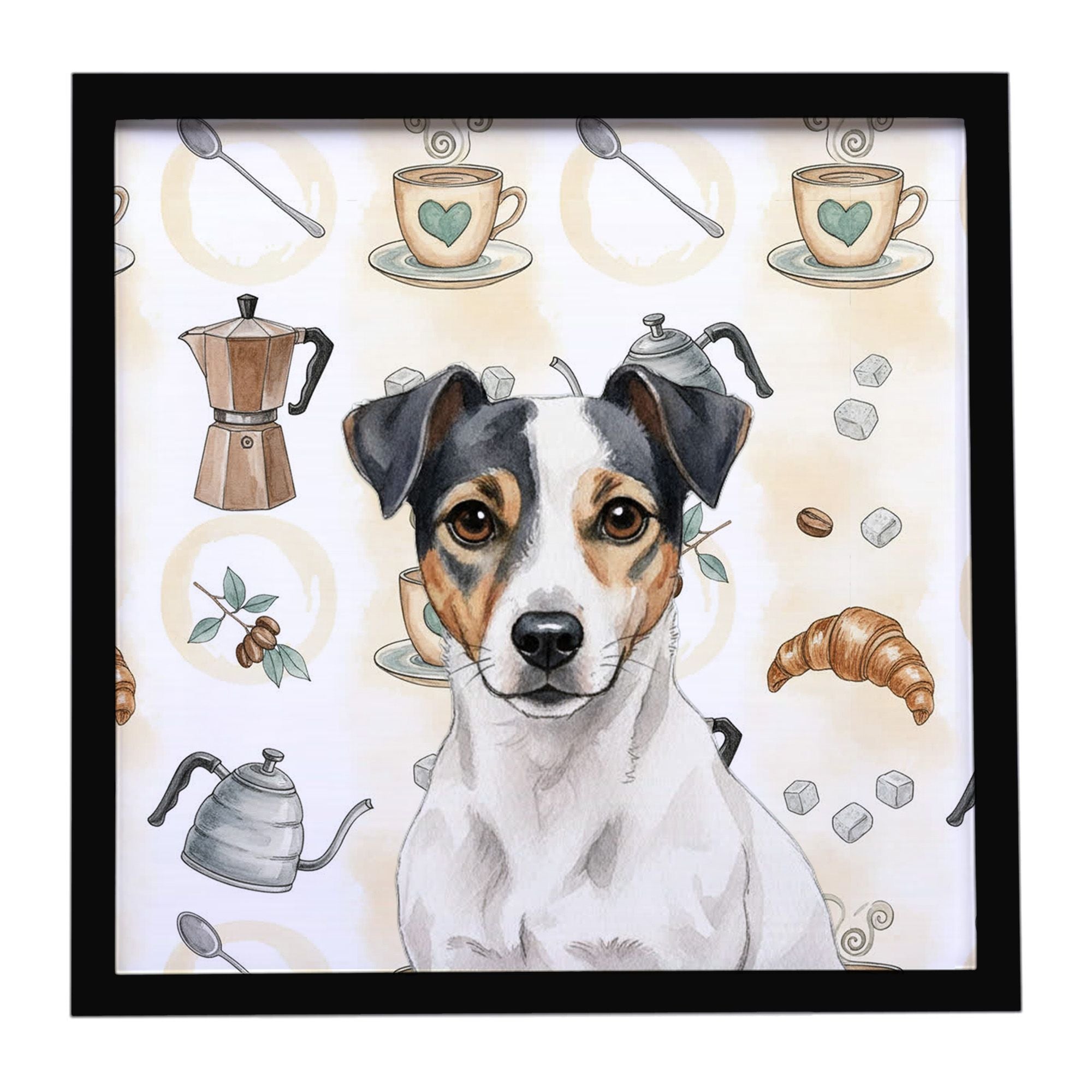 White and Black Jack Russell Terrier Coffee Bar Framed Metal Print Bathroom, Kitchen, Office, Home Decor Wall Art Ready to Hang,