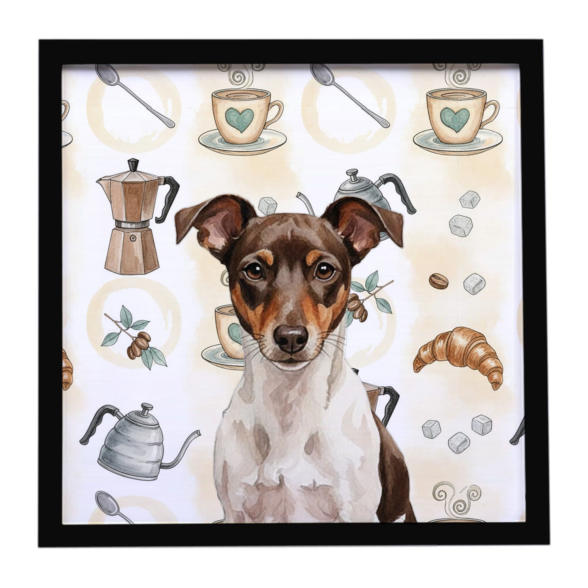 Chocolate and White Rat Terrier Coffee Bar Framed Metal Print Bathroom, Kitchen, Office, Home Decor Wall Art Ready to Hang, Squa
