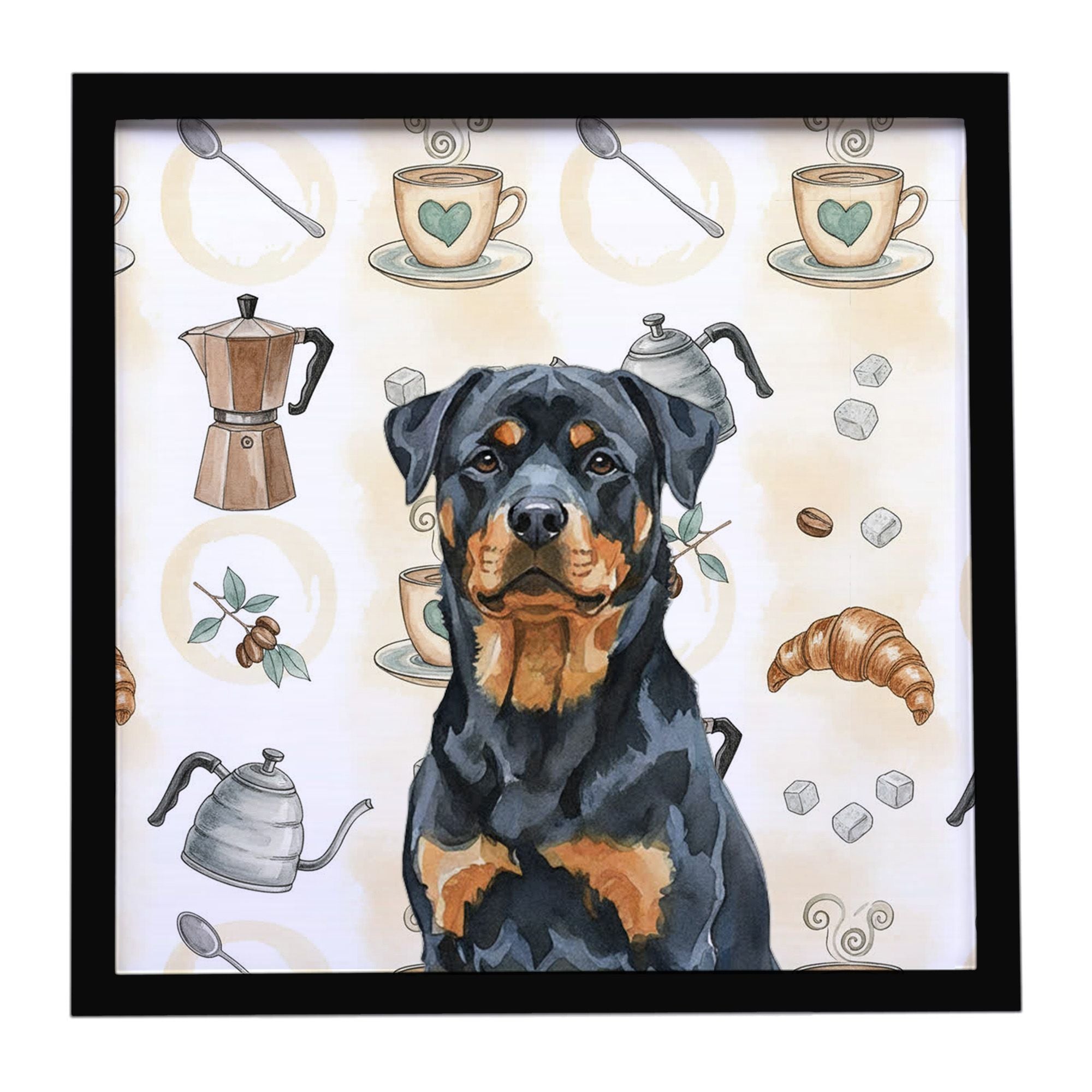 Rottweiler Coffee Bar Framed Metal Print Bathroom, Kitchen, Office, Home Decor Wall Art Ready to Hang, Square, 8X8