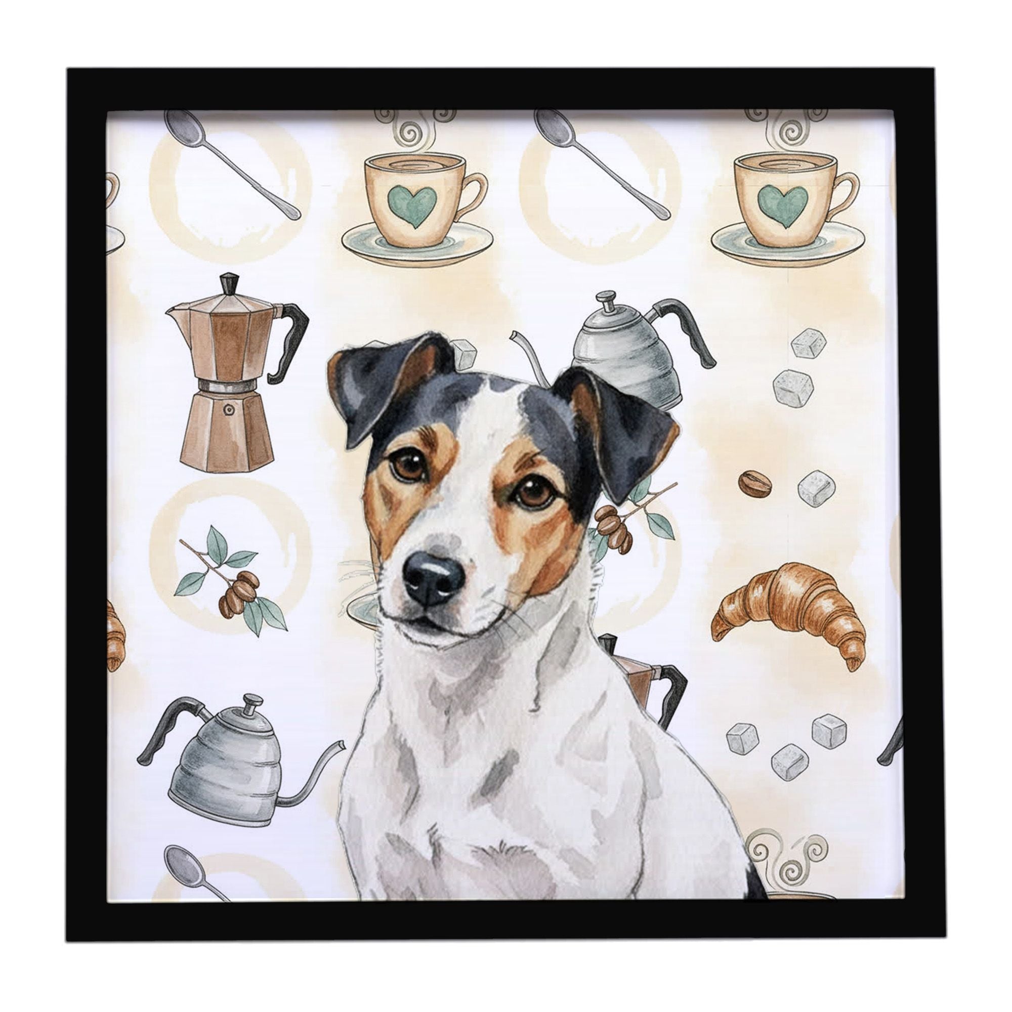White with Black Markings Russell Terrier Coffee Bar Framed Metal Print Bathroom, Kitchen, Office, Home Decor Wall Art Ready to 