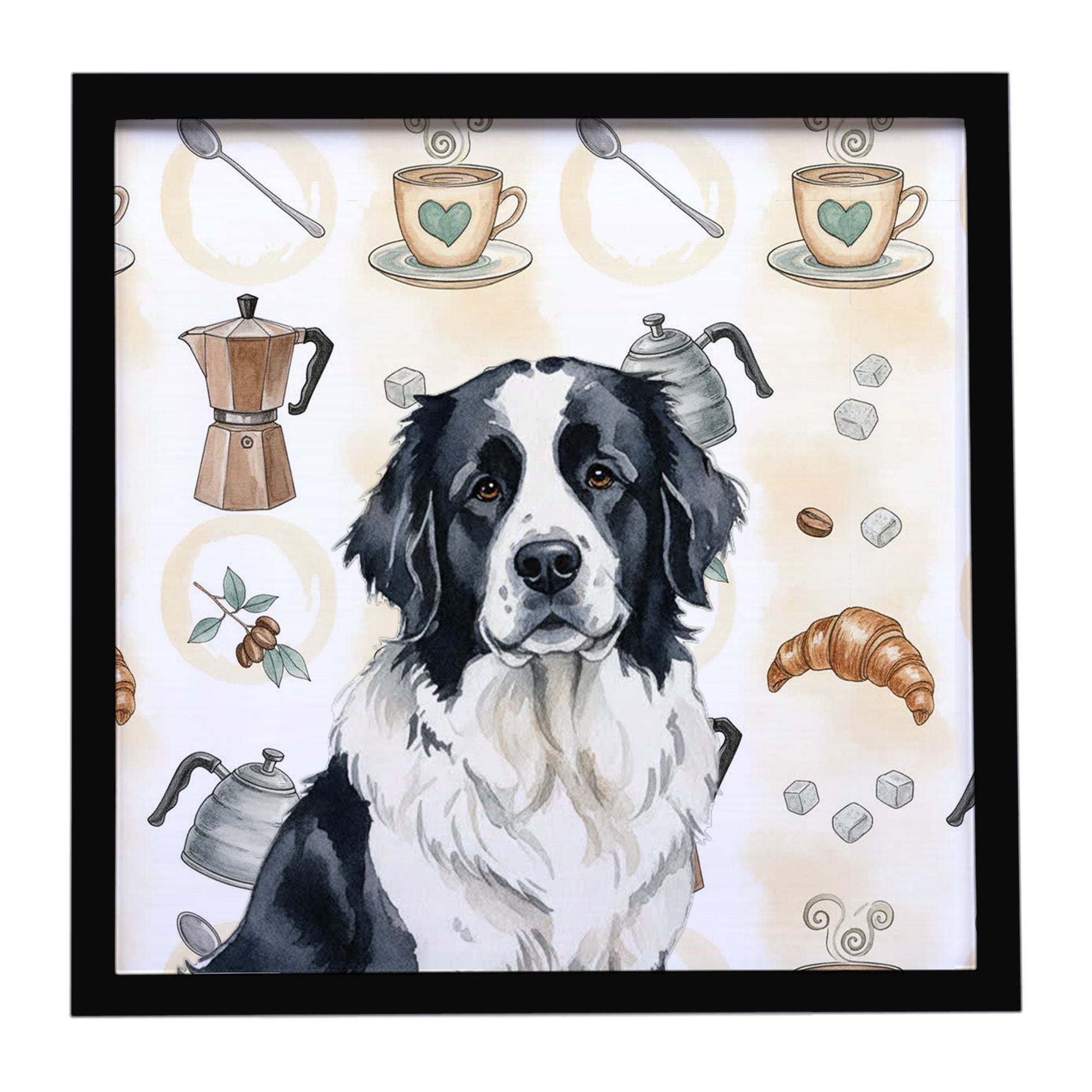 Landseer Newfoundland Coffee Bar Framed Metal Print Bathroom, Kitchen, Office, Home Decor Wall Art Ready to Hang, Square, 8X8