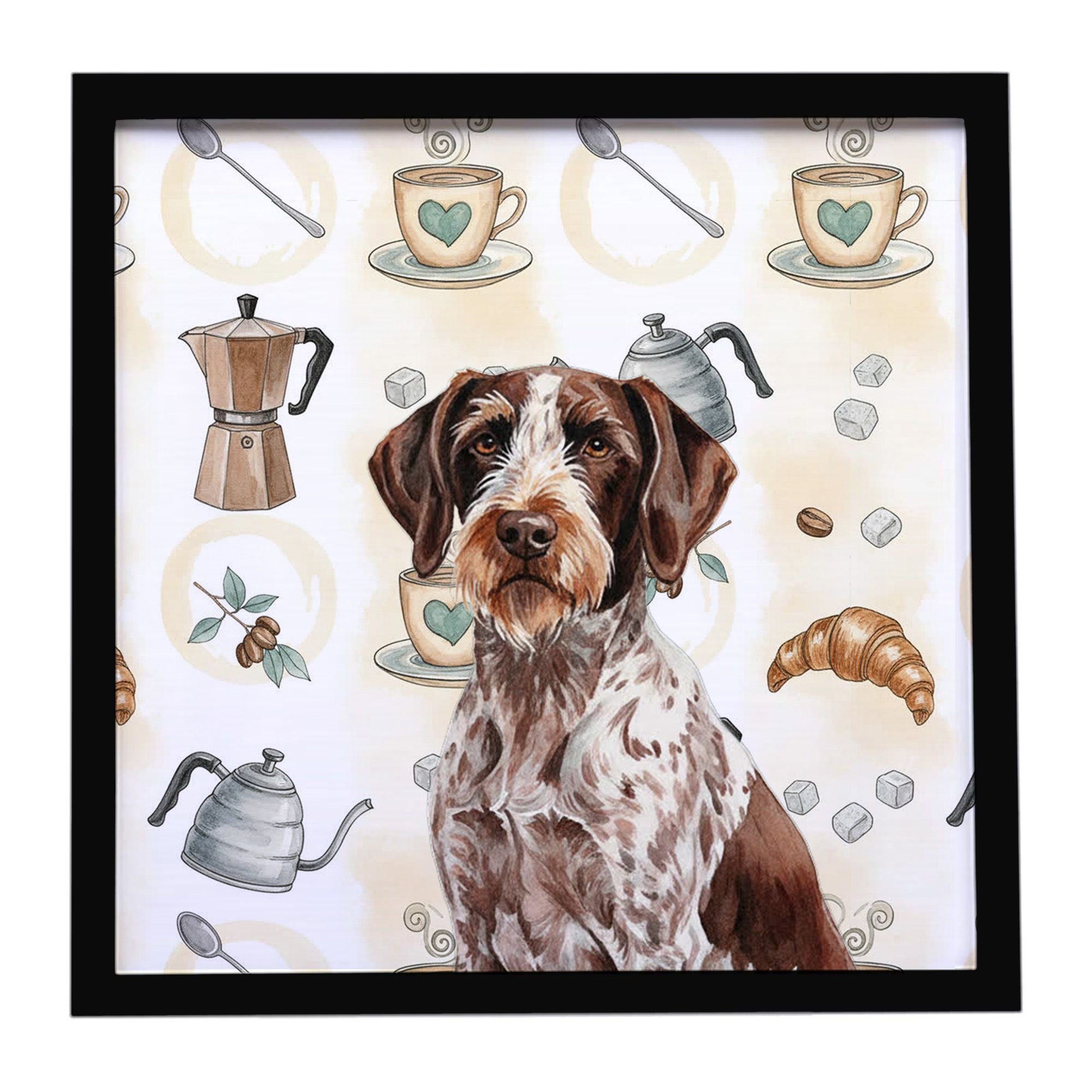 Roan German Wirehaired Pointer Coffee Bar Framed Metal Print Bathroom, Kitchen, Office, Home Decor Wall Art Ready to Hang, Squar