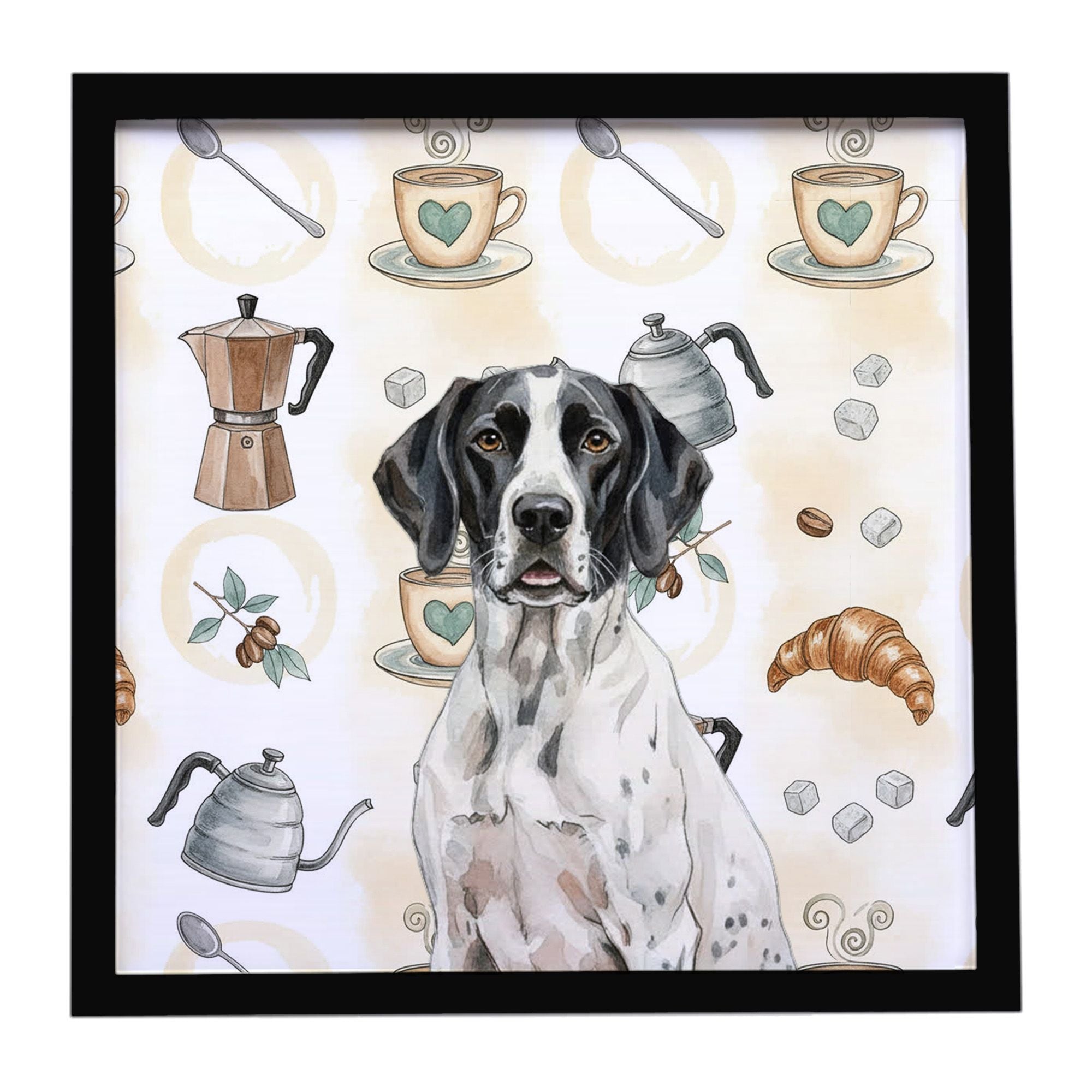 Black and White Pointer Coffee Bar Framed Metal Print Bathroom, Kitchen, Office, Home Decor Wall Art Ready to Hang, Square, 8X8