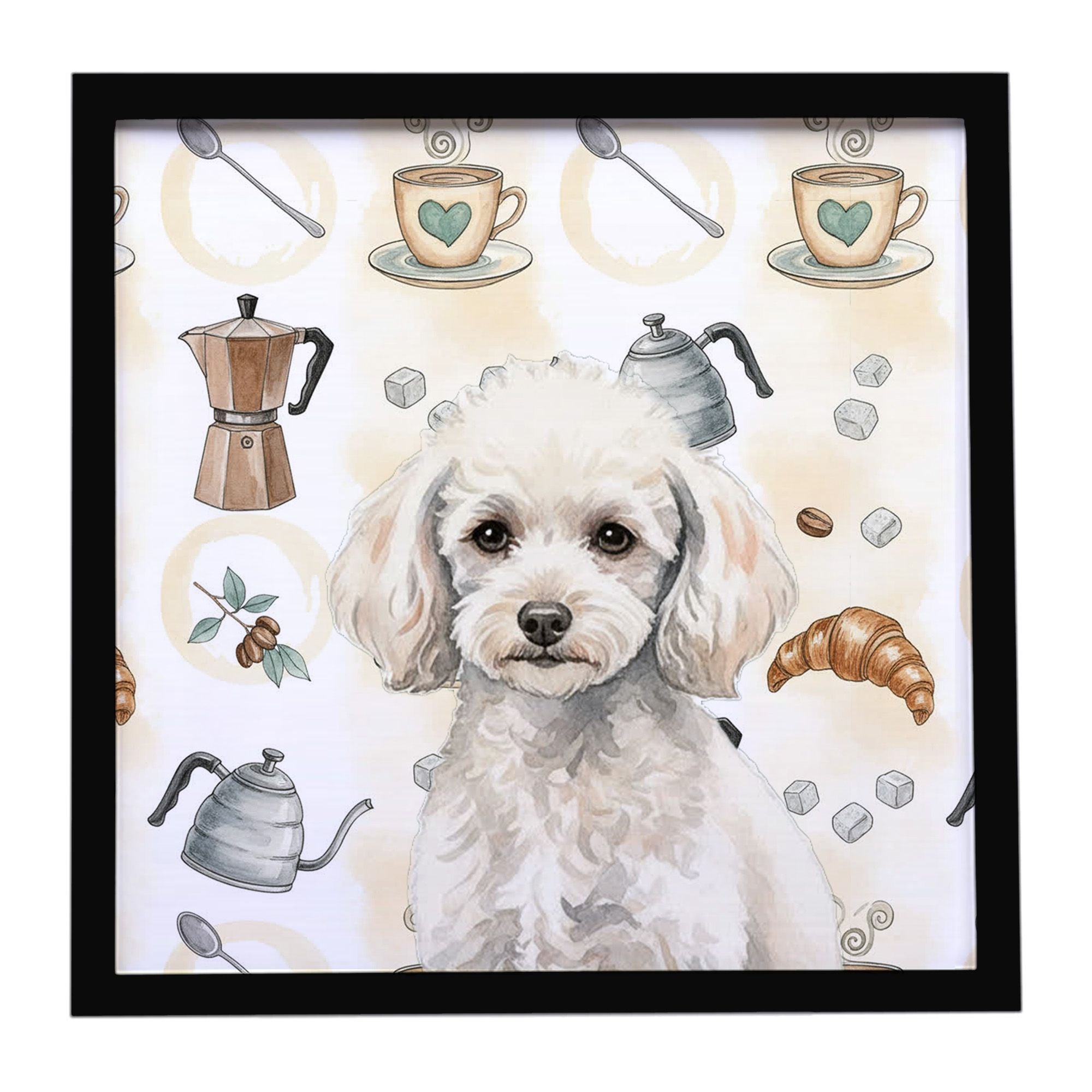 Miniature White Poodle Coffee Bar Framed Metal Print Bathroom, Kitchen, Office, Home Decor Wall Art Ready to Hang, Square, 8X8