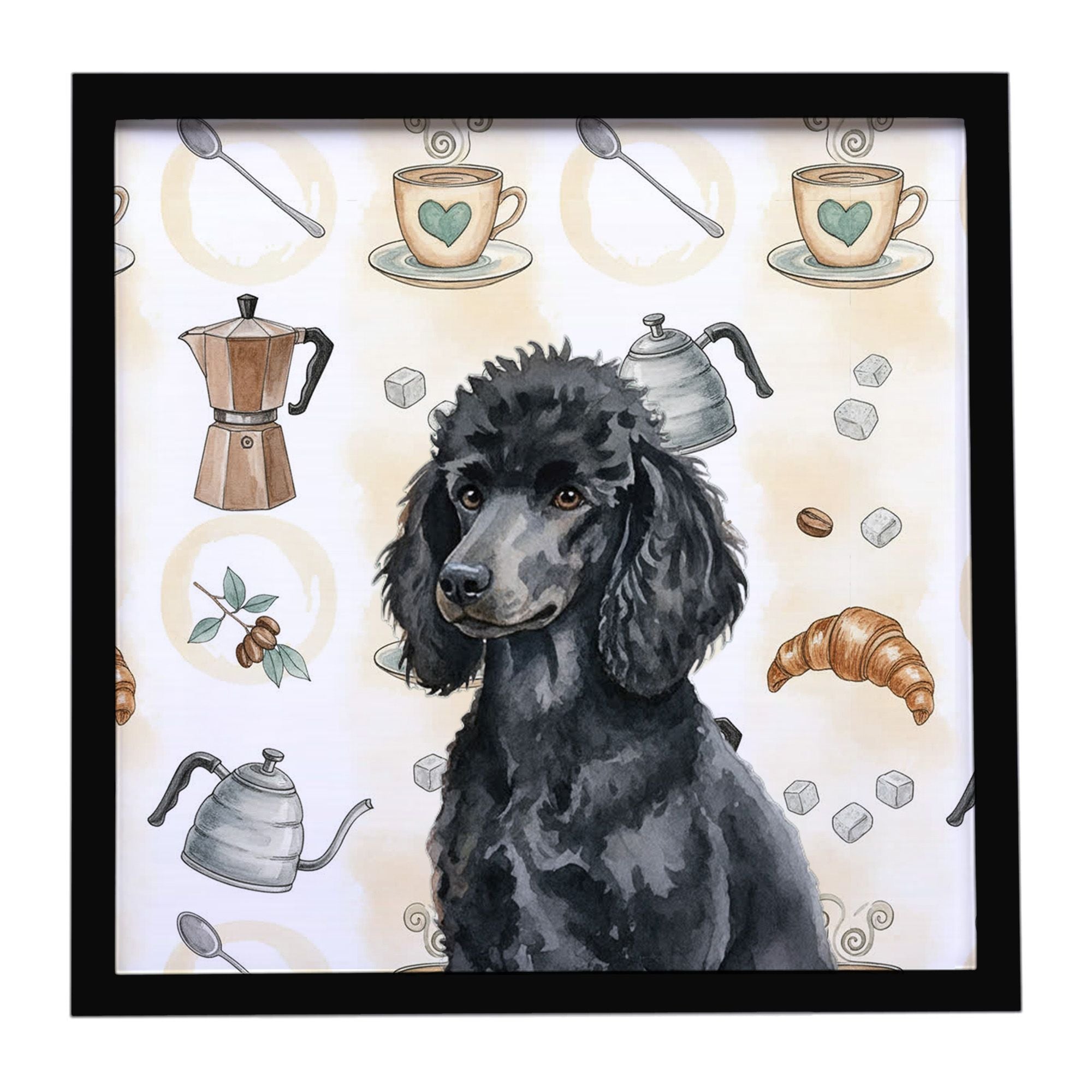 Standard Black Poodle Coffee Bar Framed Metal Print Bathroom, Kitchen, Office, Home Decor Wall Art Ready to Hang, Square, 8X8