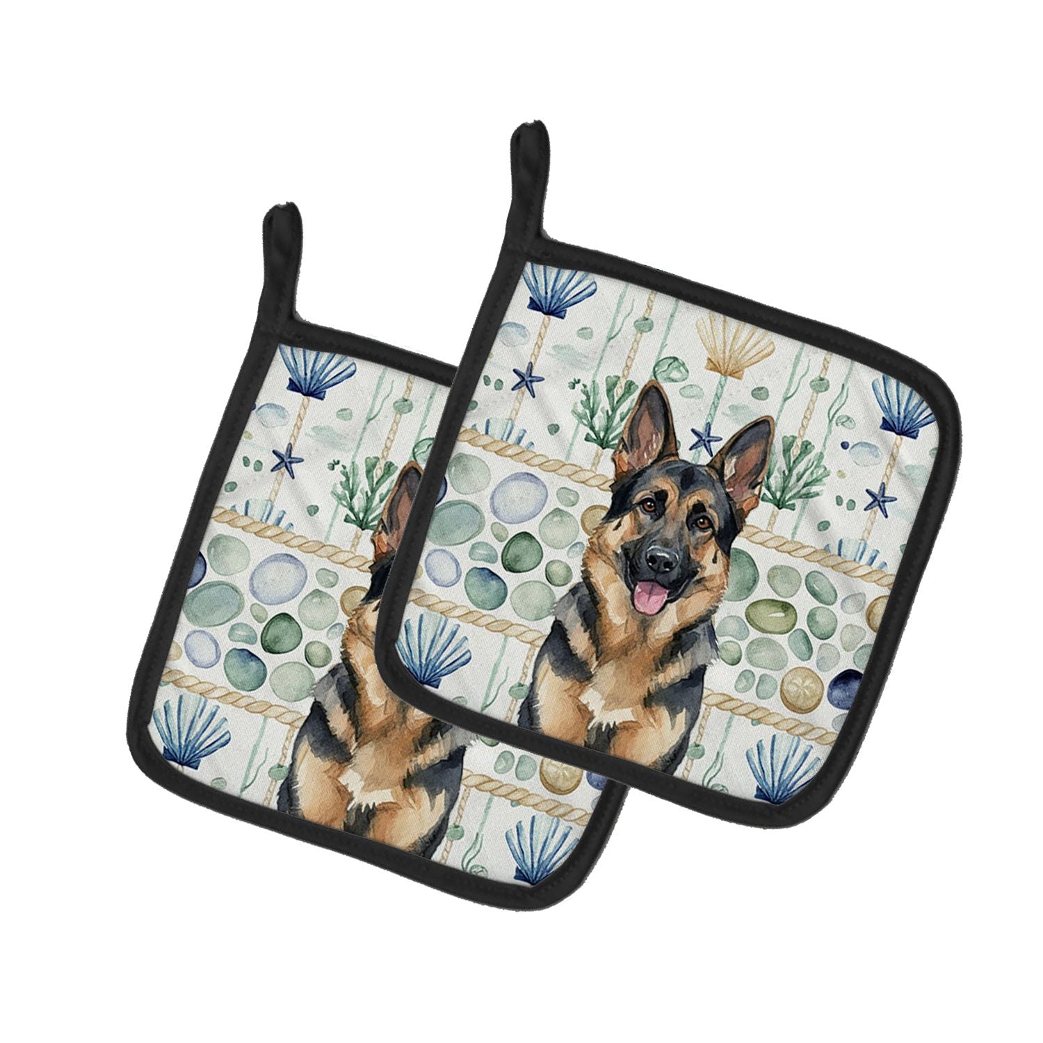 German Shepherd Coastal Sea Glass Pair of Pot Holders Pair 7.5x7.5 Quilted Insulated Hot Pads Decorative Kitchen Gift Made in US