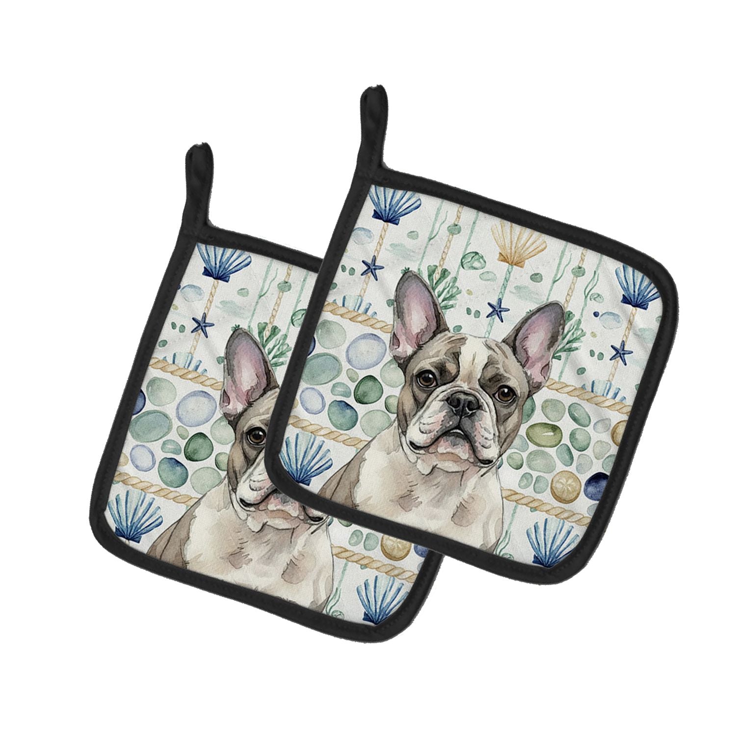 Pied French Bulldog Coastal Sea Glass Pair of Pot Holders Pair 7.5x7.5 Quilted Insulated Hot Pads Decorative Kitchen Gift Made i