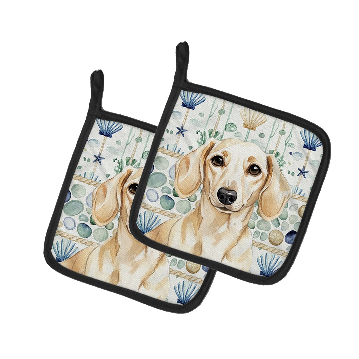 Cream Dachshund Coastal Sea Glass Pair of Pot Holders Pair 7.5x7.5 Quilted Insulated Hot Pads Decorative Kitchen Gift Made in US
