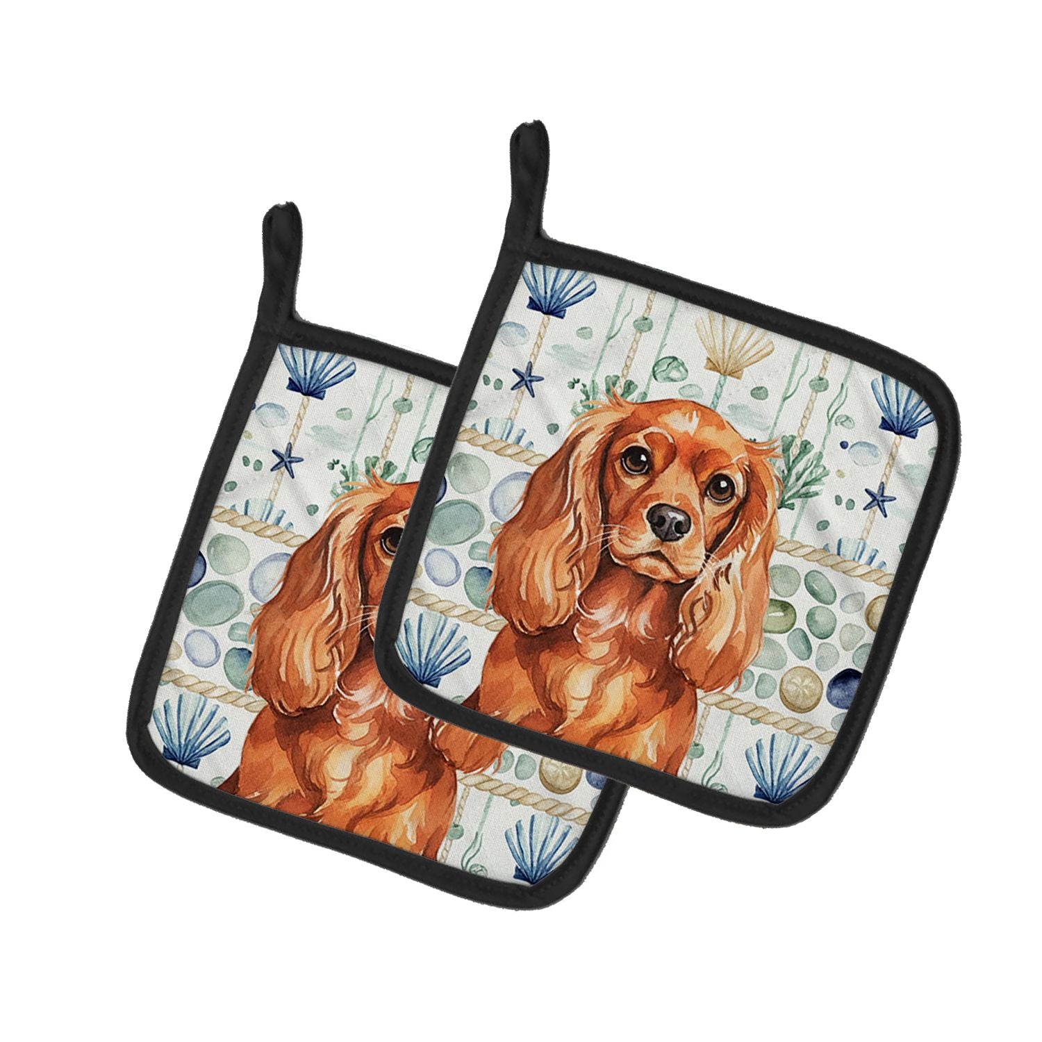 Ruby English Toy Spaniel Coastal Sea Glass Pair of Pot Holders Pair 7.5x7.5 Quilted Insulated Hot Pads Decorative Kitchen Gift M