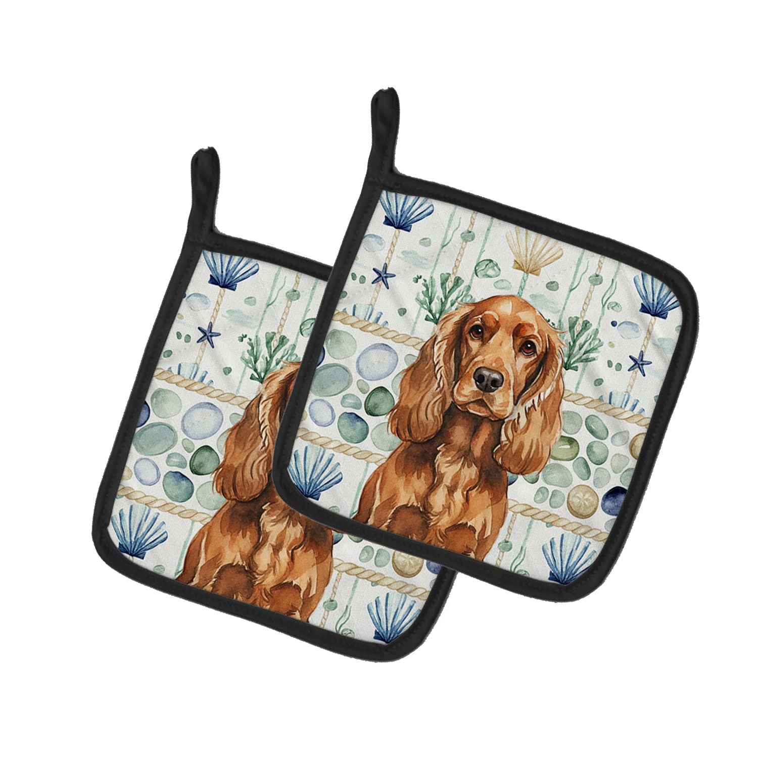 Red English Cocker Spaniel Coastal Sea Glass Pair of Pot Holders Pair 7.5x7.5 Quilted Insulated Hot Pads Decorative Kitchen Gift
