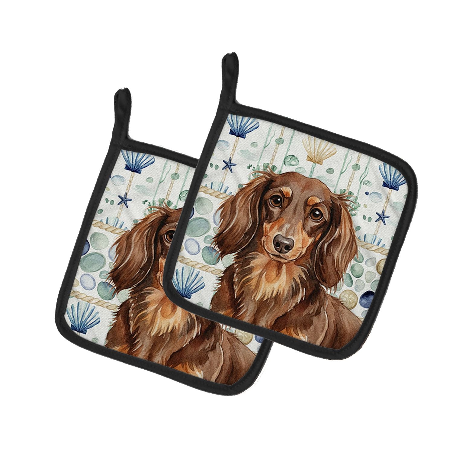 Longhaired Chocolate and Tan Dachshund Coastal Sea Glass Pair of Pot Holders Pair 7.5x7.5 Quilted Insulated Hot Pads Decorative 