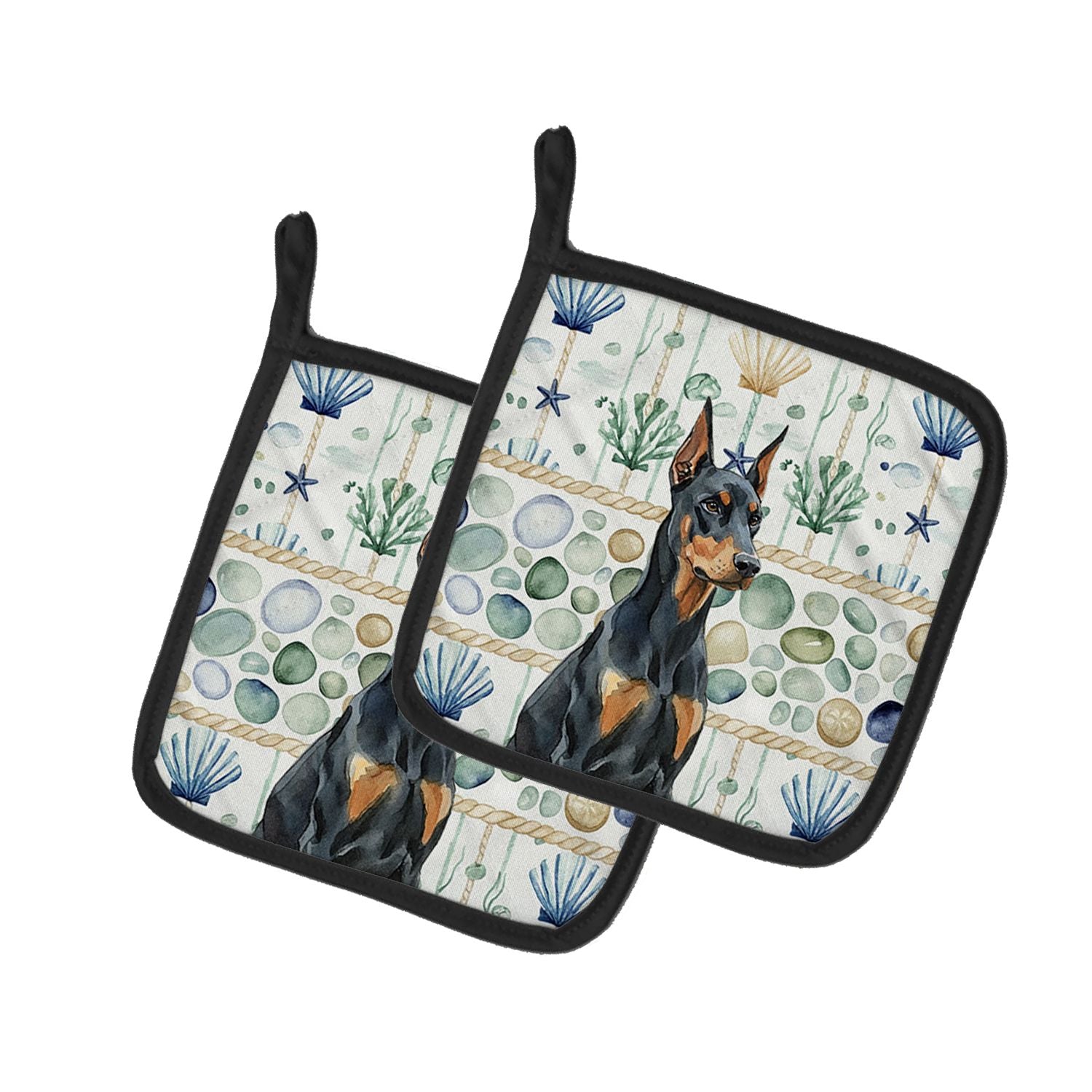Doberman Pinscher Coastal Sea Glass Pair of Pot Holders Pair 7.5x7.5 Quilted Insulated Hot Pads Decorative Kitchen Gift Made in 