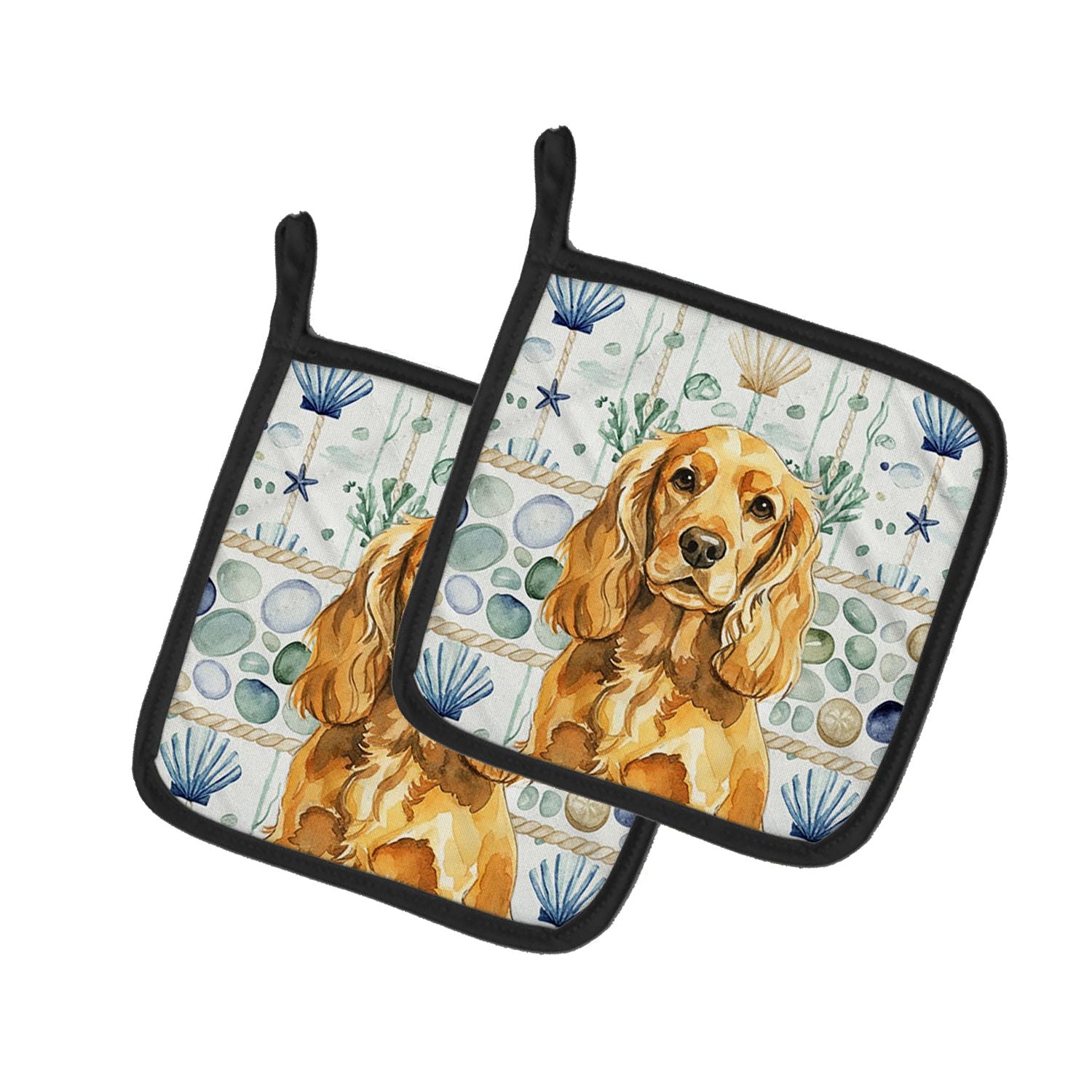 Golden English Cocker Spaniel Coastal Sea Glass Pair of Pot Holders Pair 7.5x7.5 Quilted Insulated Hot Pads Decorative Kitchen G