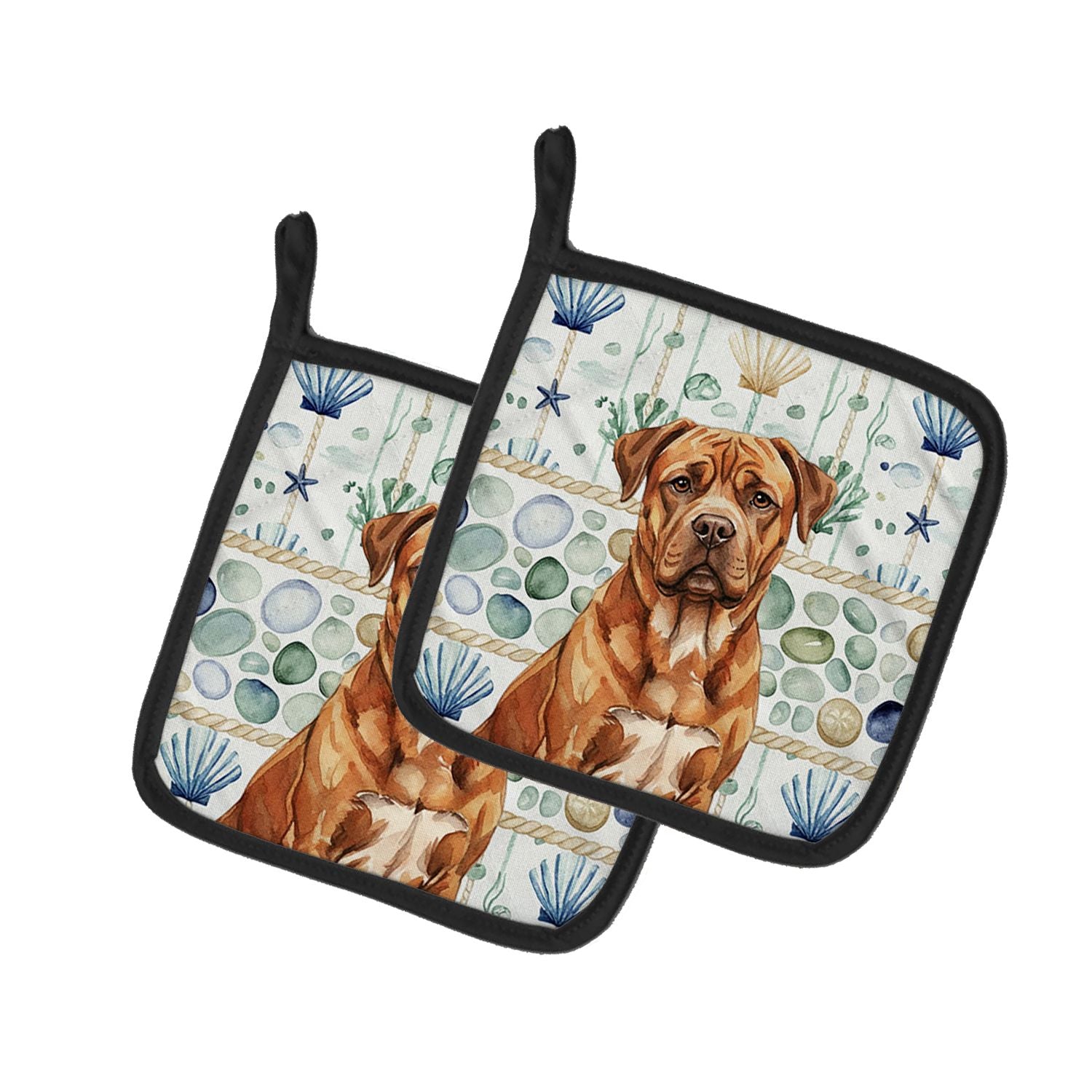 Mahogany Dogue de Bordeaux Coastal Sea Glass Pair of Pot Holders Pair 7.5x7.5 Quilted Insulated Hot Pads Decorative Kitchen Gift