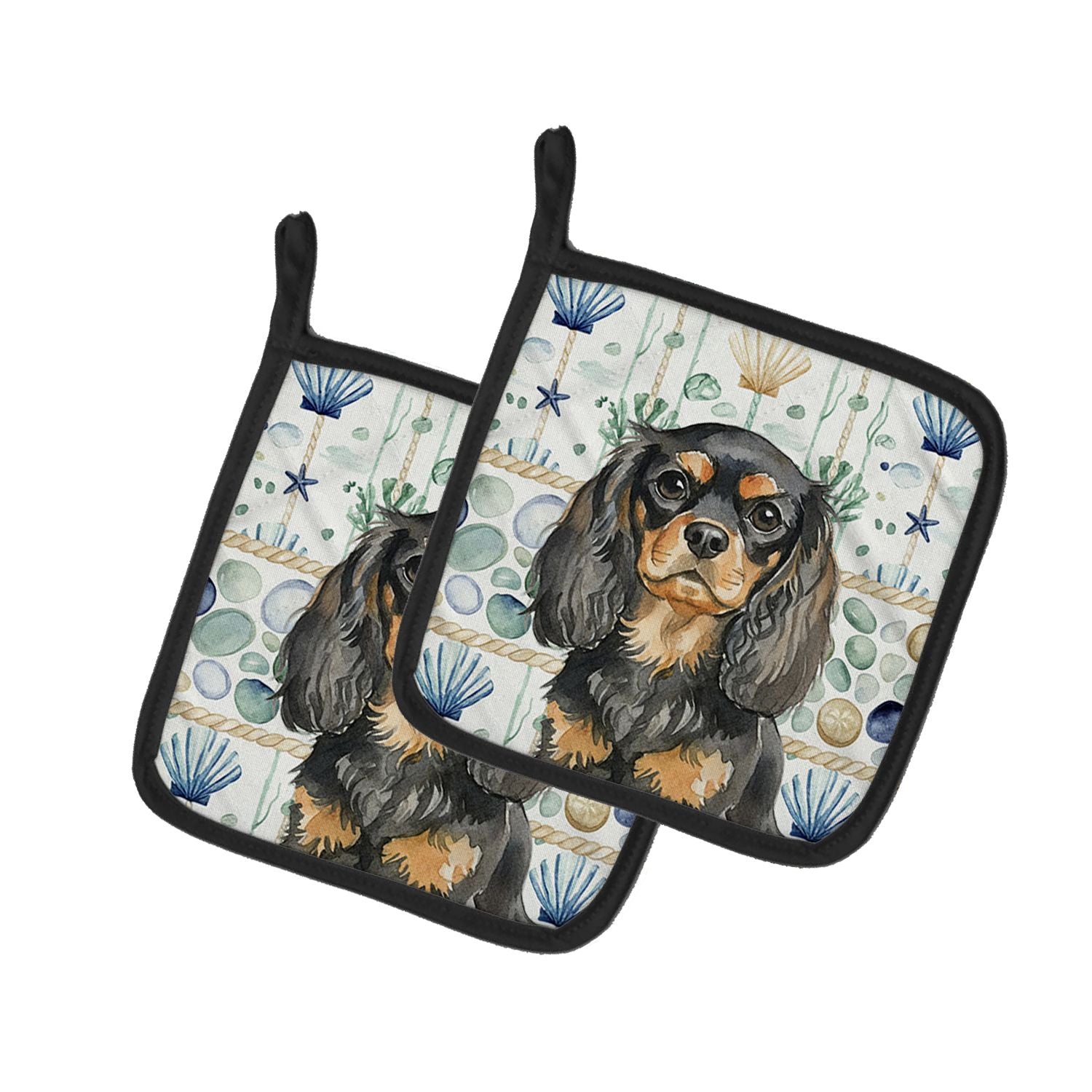 Black and Tan English Toy Spaniel Coastal Sea Glass Pair of Pot Holders Pair 7.5x7.5 Quilted Insulated Hot Pads Decorative Kitch