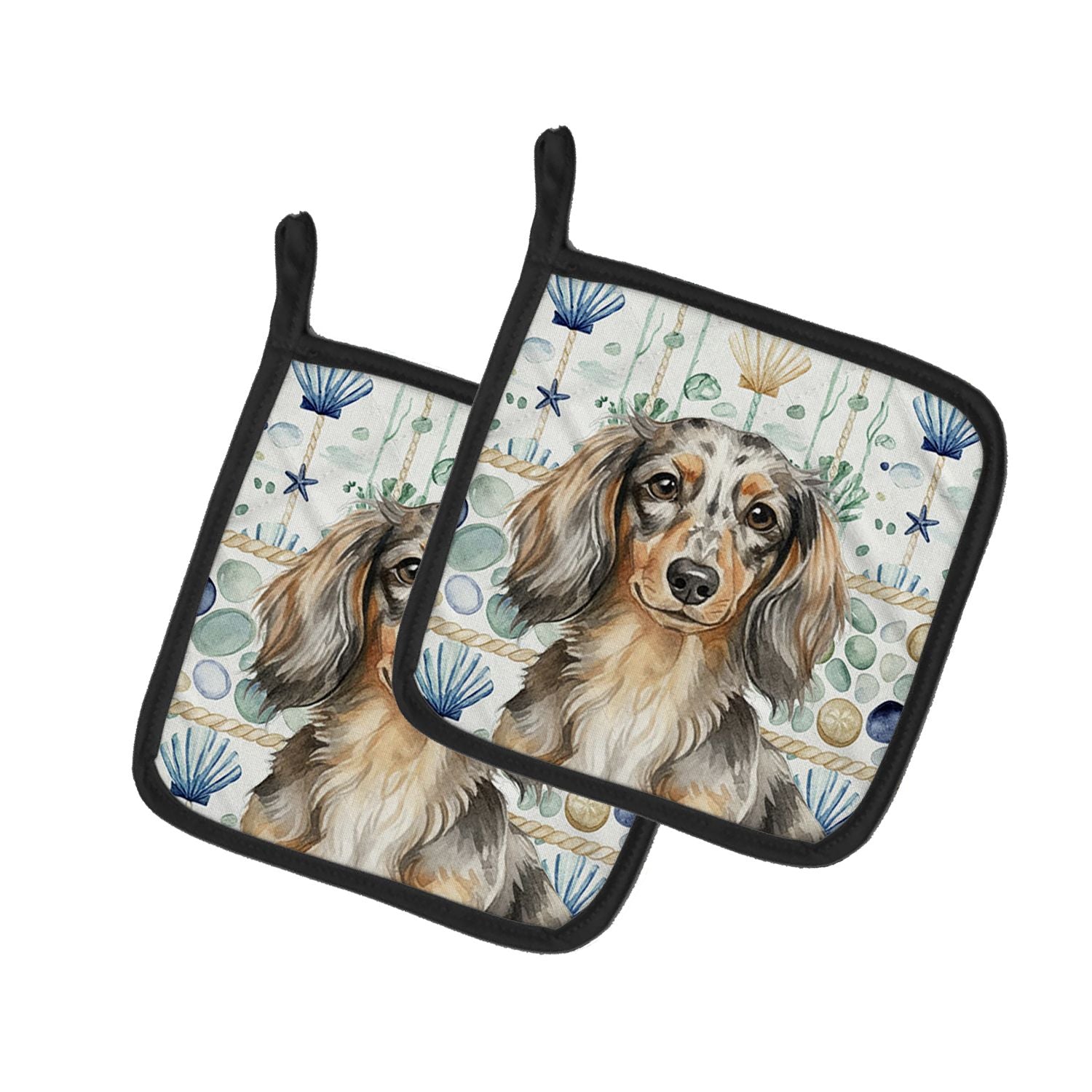 Longhaired Dapple Dachshund Coastal Sea Glass Pair of Pot Holders Pair 7.5x7.5 Quilted Insulated Hot Pads Decorative Kitchen Gif