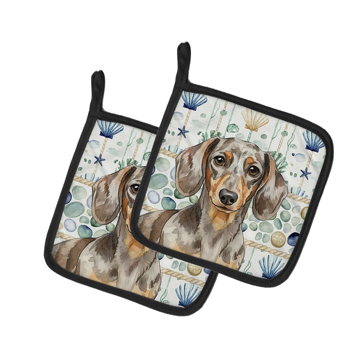 Dapple Dachshund Coastal Sea Glass Pair of Pot Holders Pair 7.5x7.5 Quilted Insulated Hot Pads Decorative Kitchen Gift Made in U