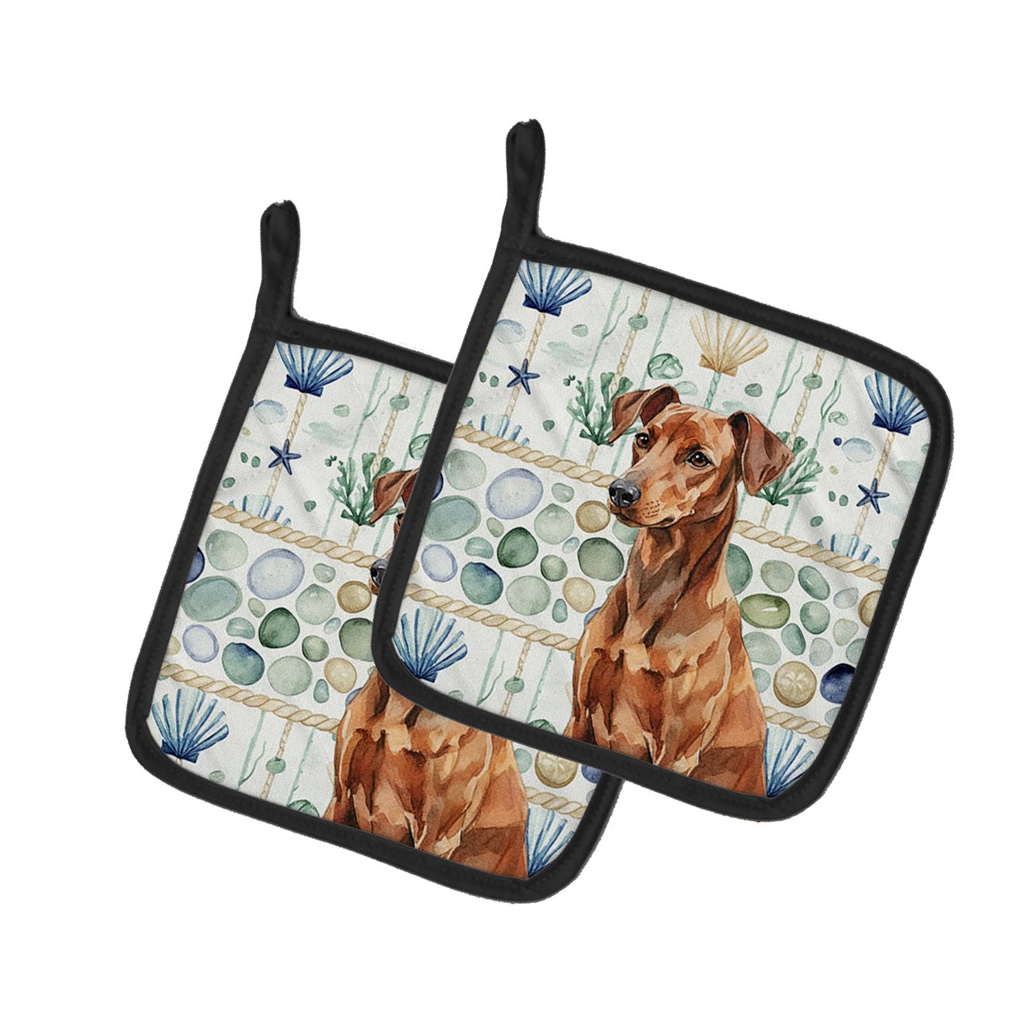 Red German Pinscher Coastal Sea Glass Pair of Pot Holders Pair 7.5x7.5 Quilted Insulated Hot Pads Decorative Kitchen Gift Made i