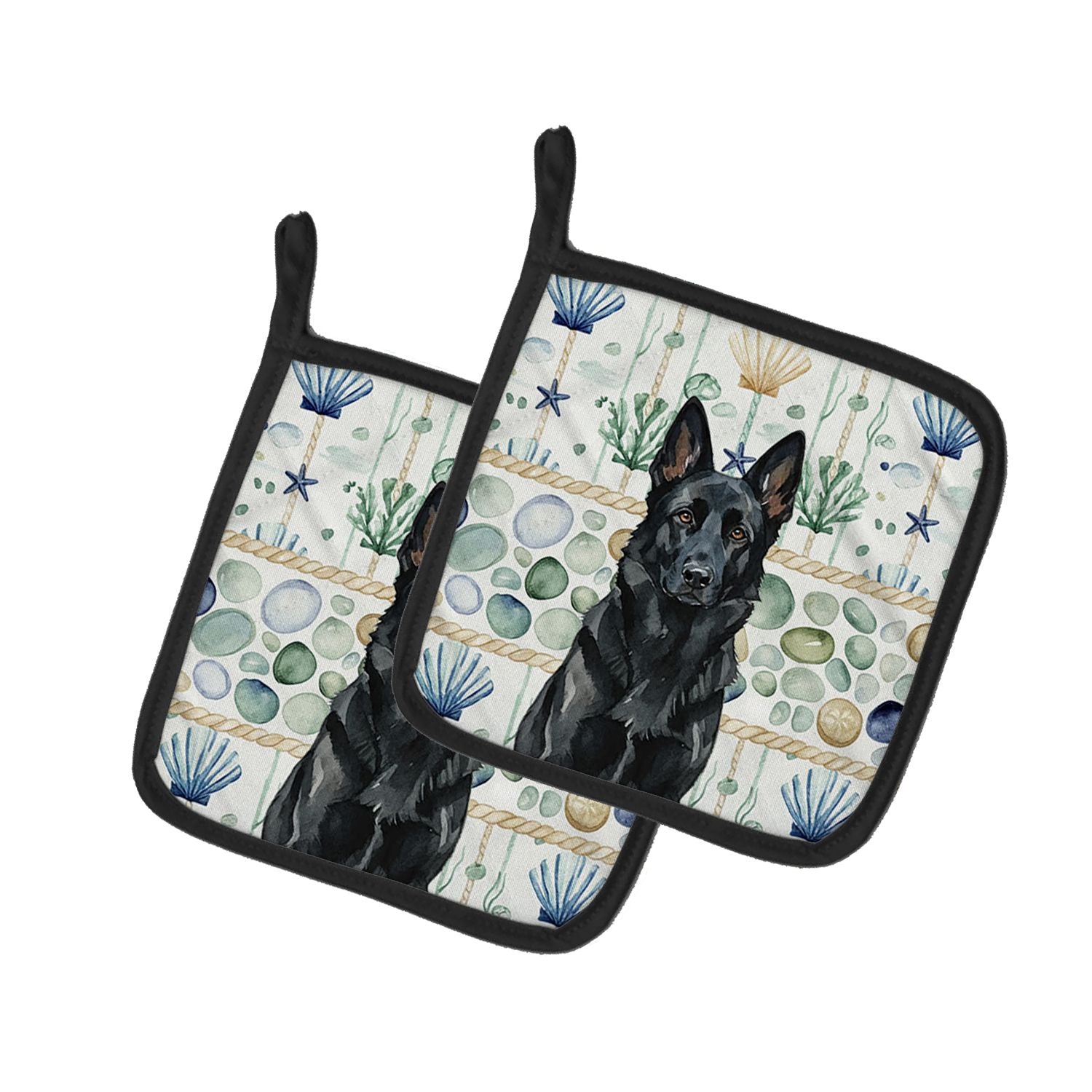 Black German Shepherd Coastal Sea Glass Pair of Pot Holders Pair 7.5x7.5 Quilted Insulated Hot Pads Decorative Kitchen Gift Made