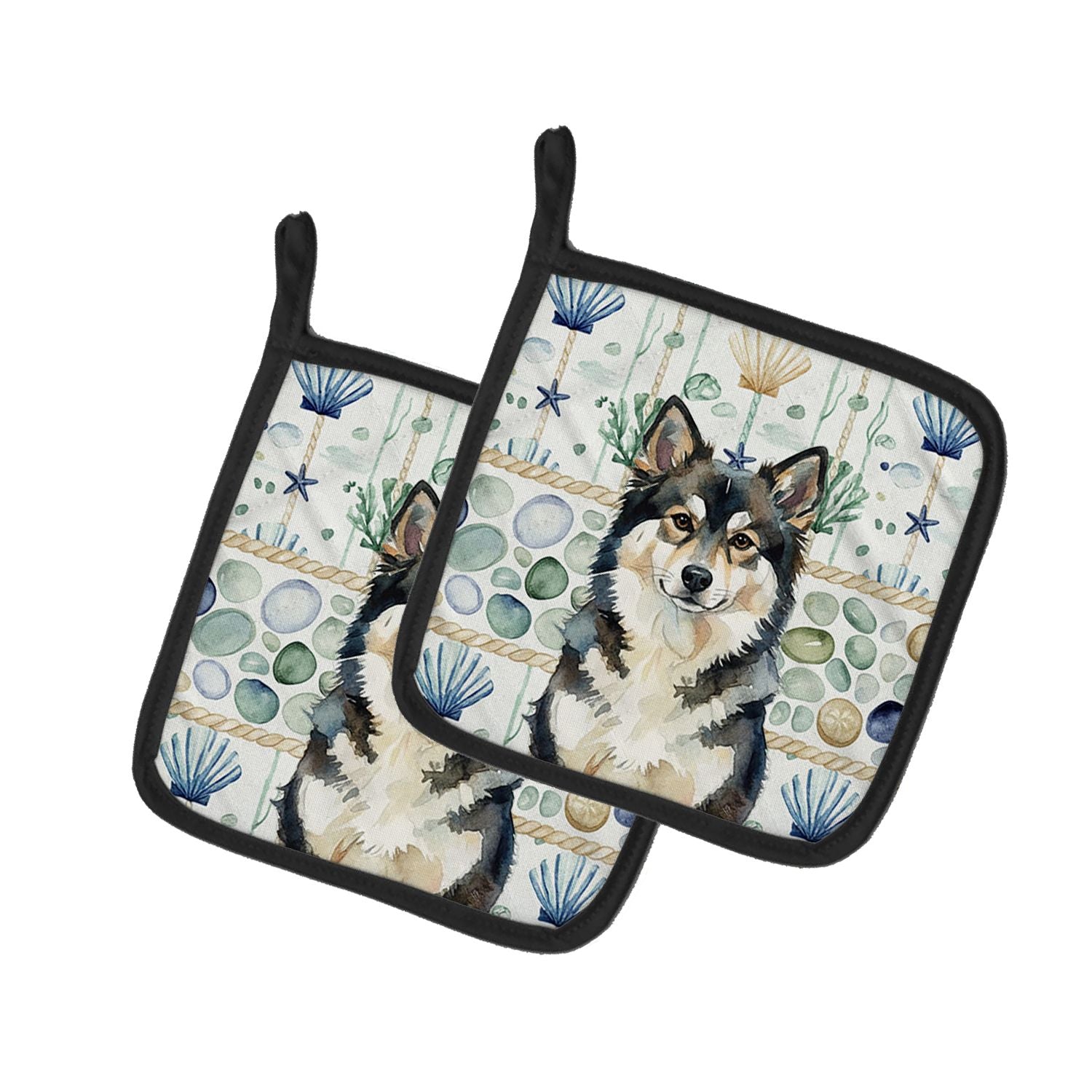 Finnish Lapphund Coastal Sea Glass Pair of Pot Holders Pair 7.5x7.5 Quilted Insulated Hot Pads Decorative Kitchen Gift Made in U