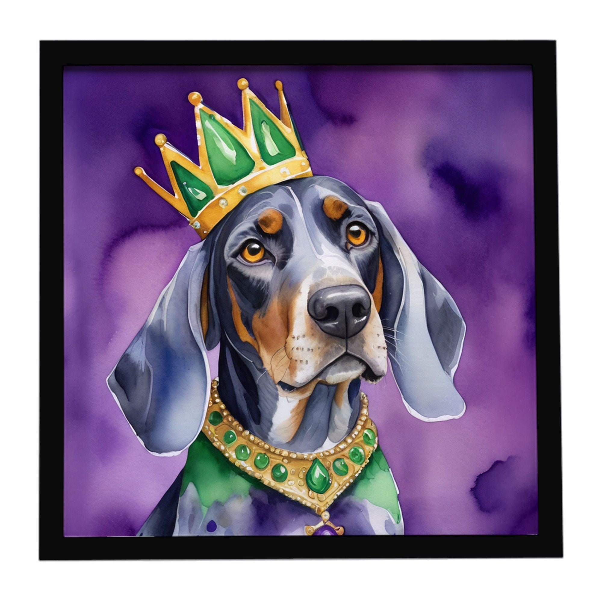 Bluetick Coonhound King of Mardi Gras Framed Metal Print Bathroom, Kitchen, Office, Home Decor Wall Art Ready to Hang, Square, 8