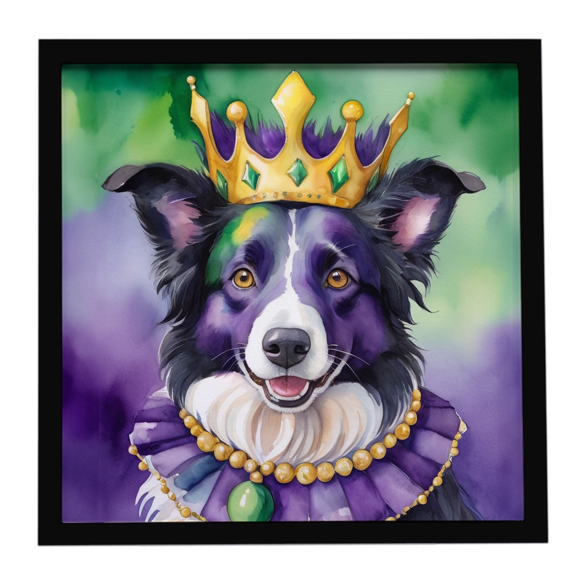 Border Collie King of Mardi Gras Framed Metal Print Bathroom, Kitchen, Office, Home Decor Wall Art Ready to Hang, Square, 8X8