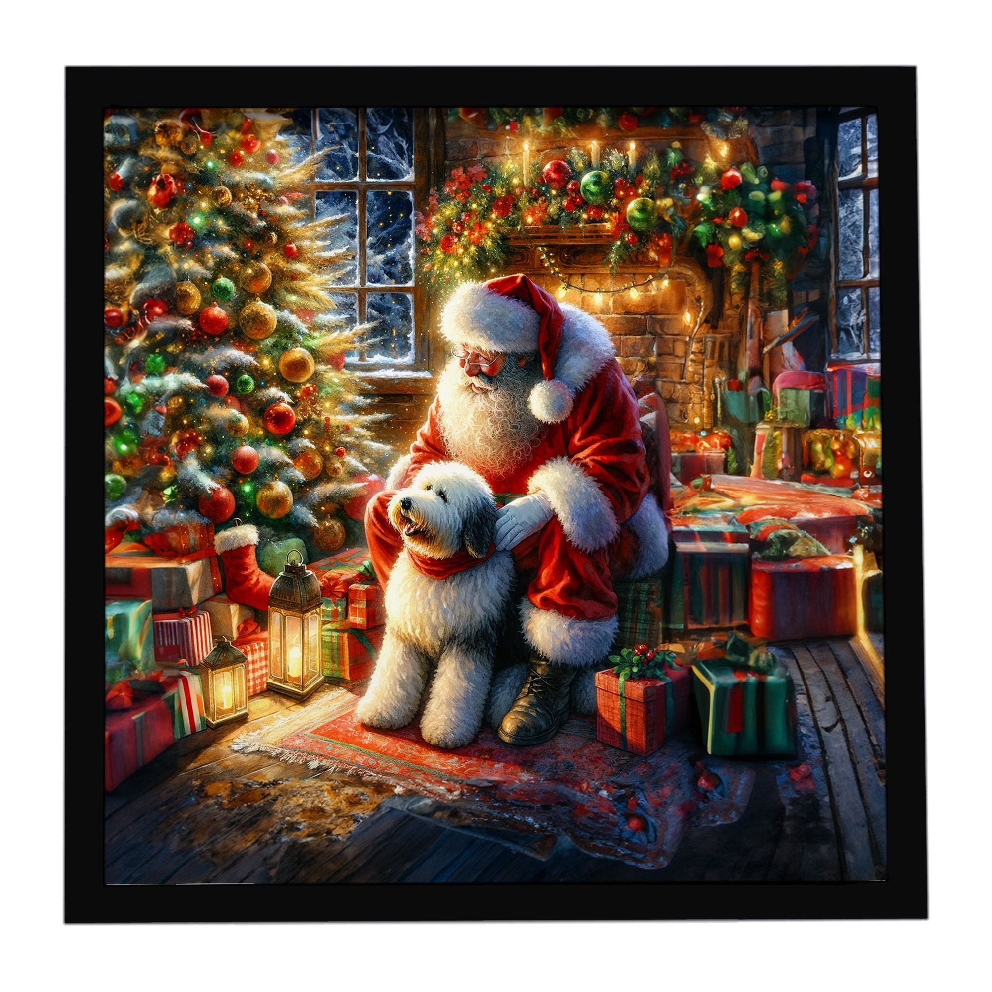 Old English Sheepdog and Santa Claus Framed Metal Print Bathroom, Kitchen, Office, Home Decor Wall Art Ready to Hang, Square, 8X