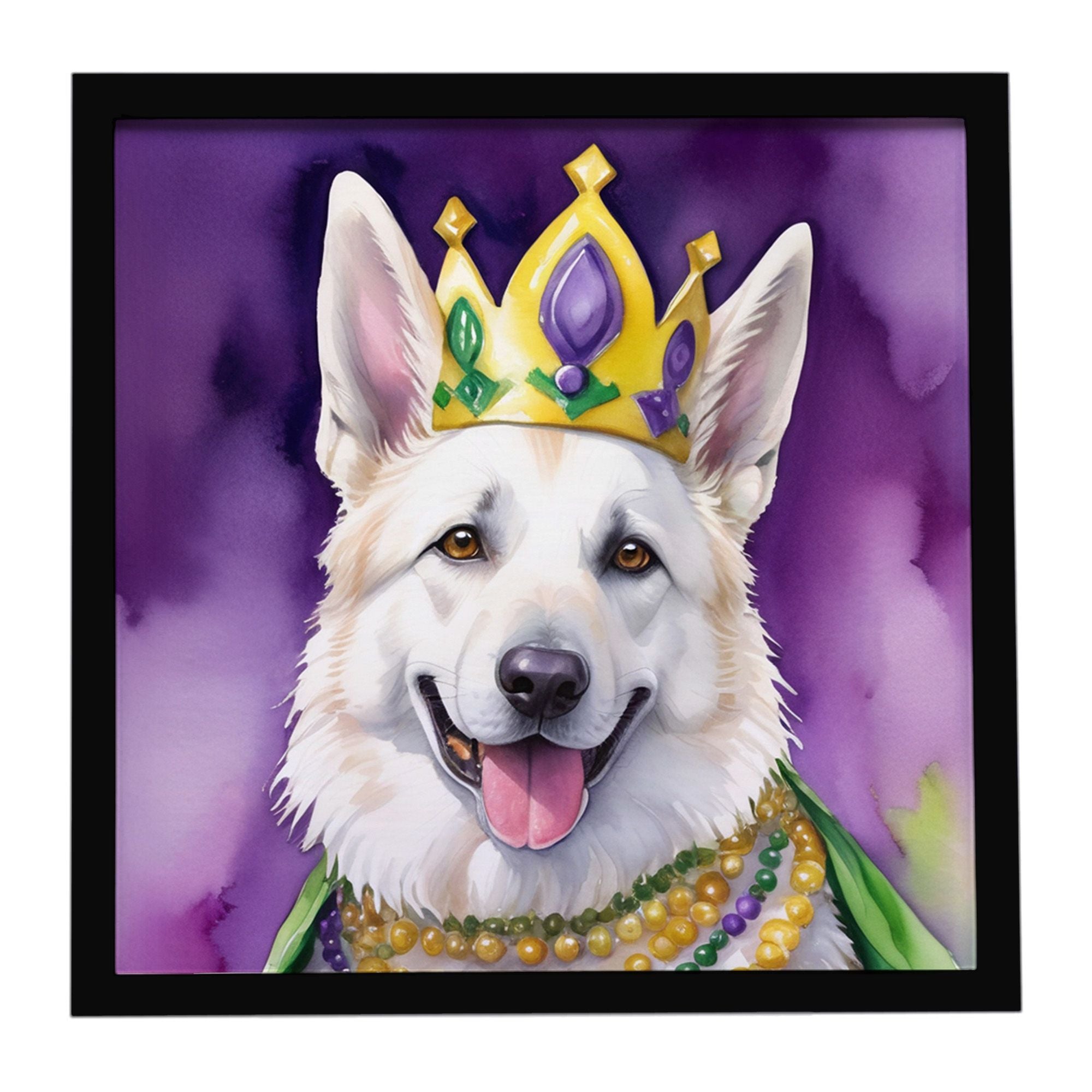 White German Shepherd King of Mardi Gras Framed Metal Print Bathroom, Kitchen, Office, Home Decor Wall Art Ready to Hang, Square